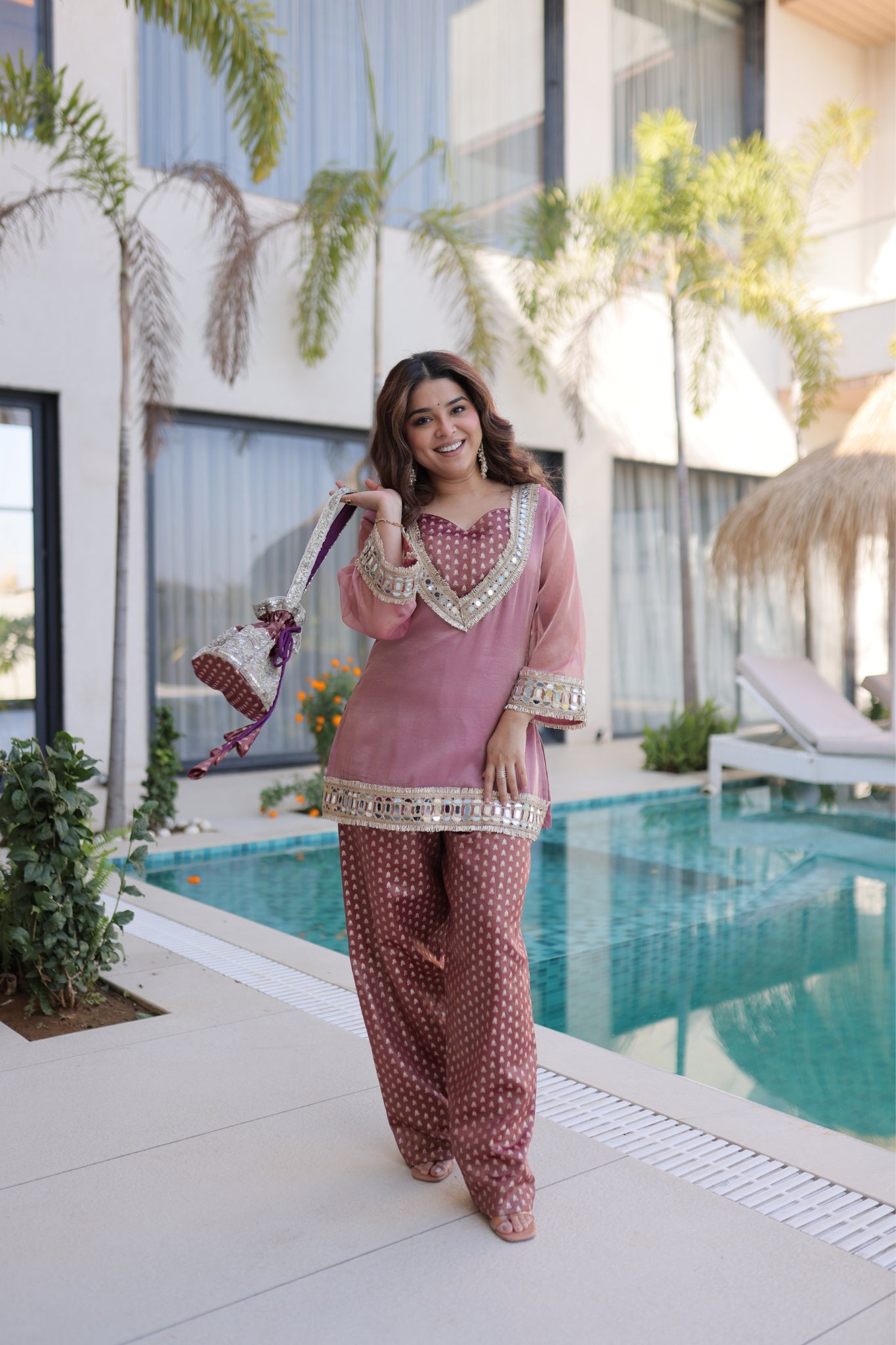 Royal Mirror Work Kurti Palazzo Set For Women