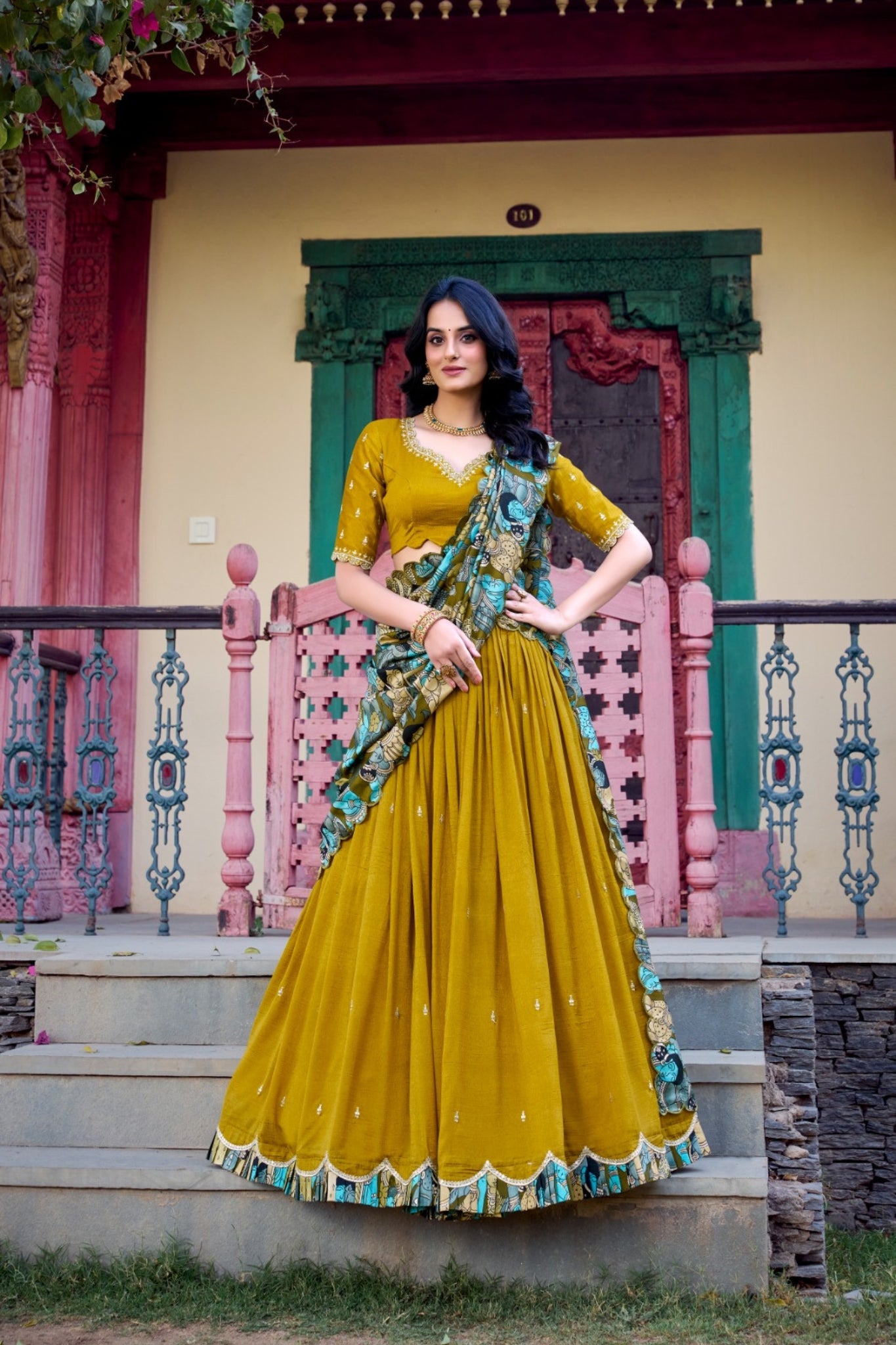 Stunning Sequins Tread Embroidery With Kalamkari Printed Lehenga Choli
