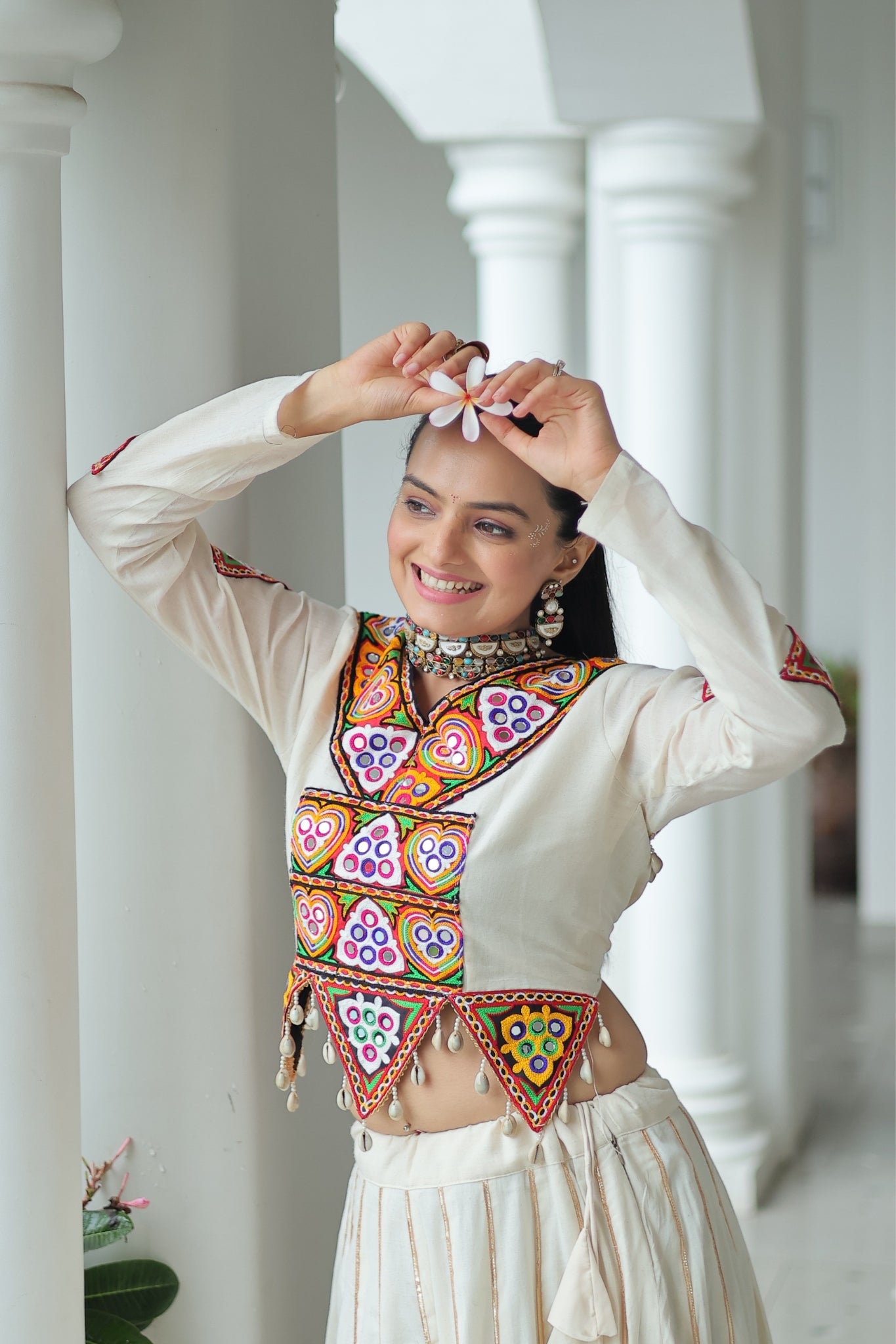 Off White Cotton Kutchi Gamthi Work With Gota Patti Lace Touch up Navratri Designer Lehenga choli