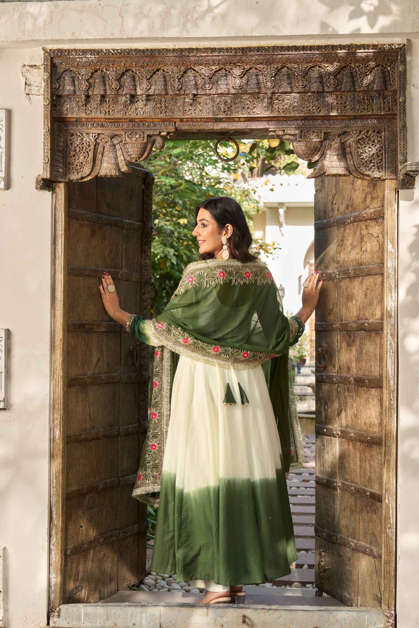 Designer Mul Chanderi Anarkali Suit Set With Palazzo Dupatta For Women