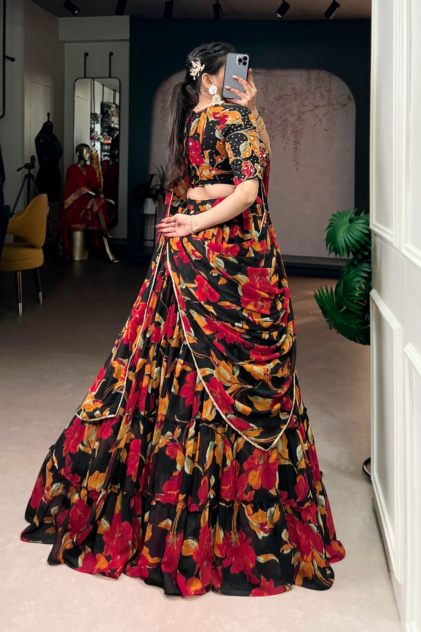 Floral Marble Print Lehenga Choli Set For Women