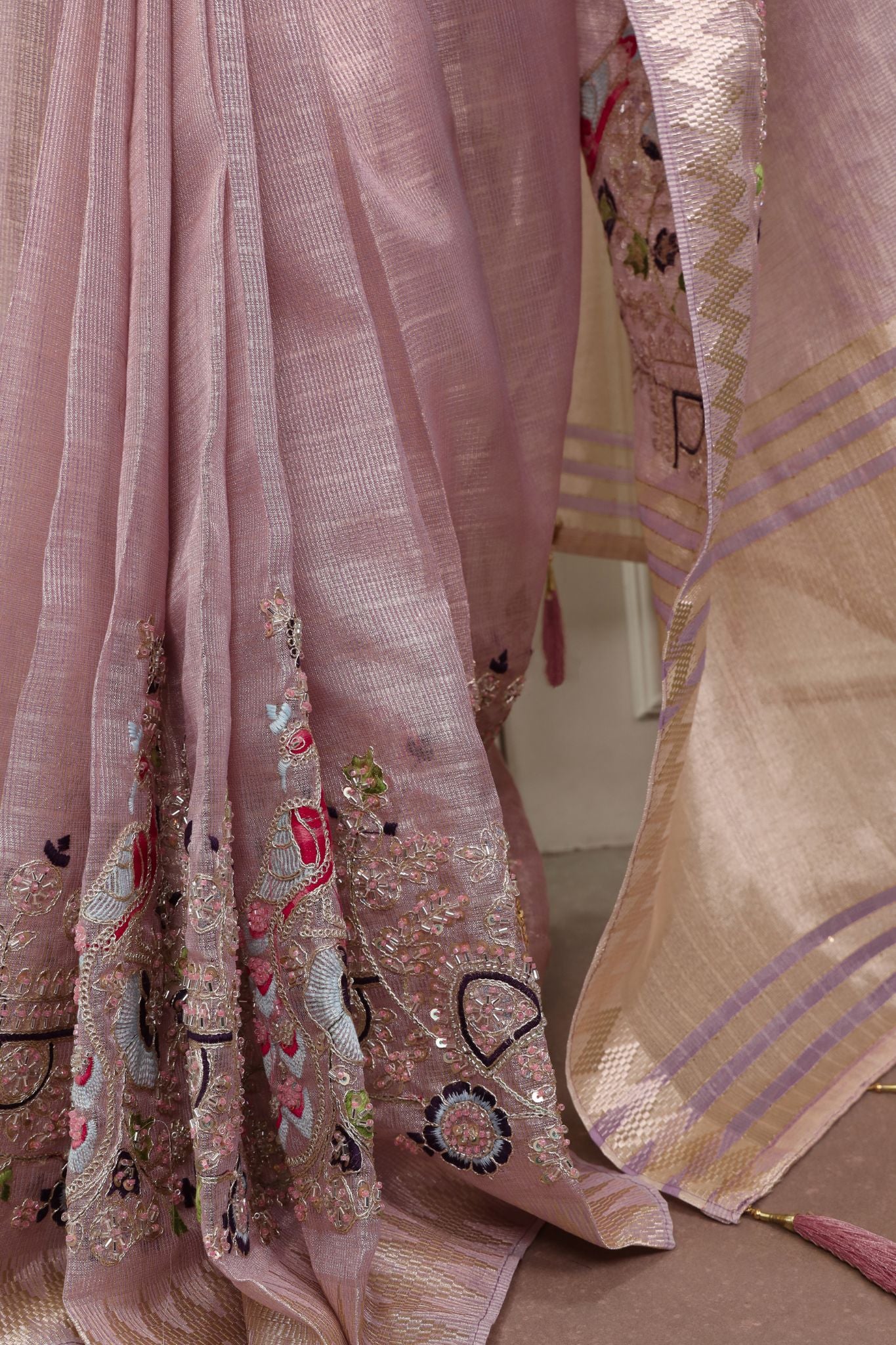 Premium Zari Kota Tissue Saree | Embroidery Beads Work Zari Weaving Border