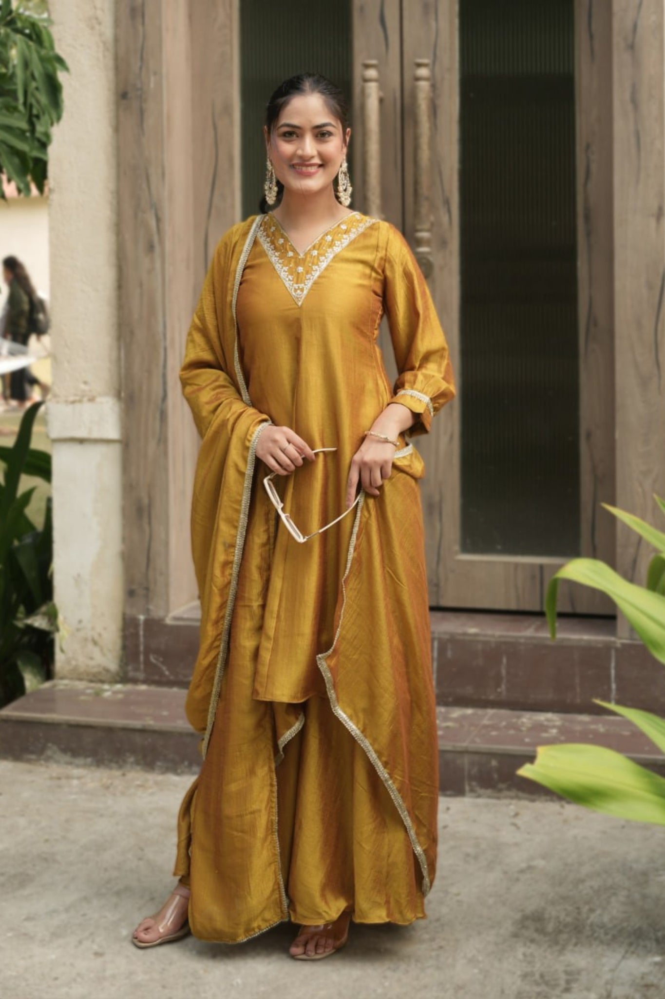 Royal V-Neck Embroidered Palazzo Suit Set With Designer Dupatta For Festive And Wedding Wear
