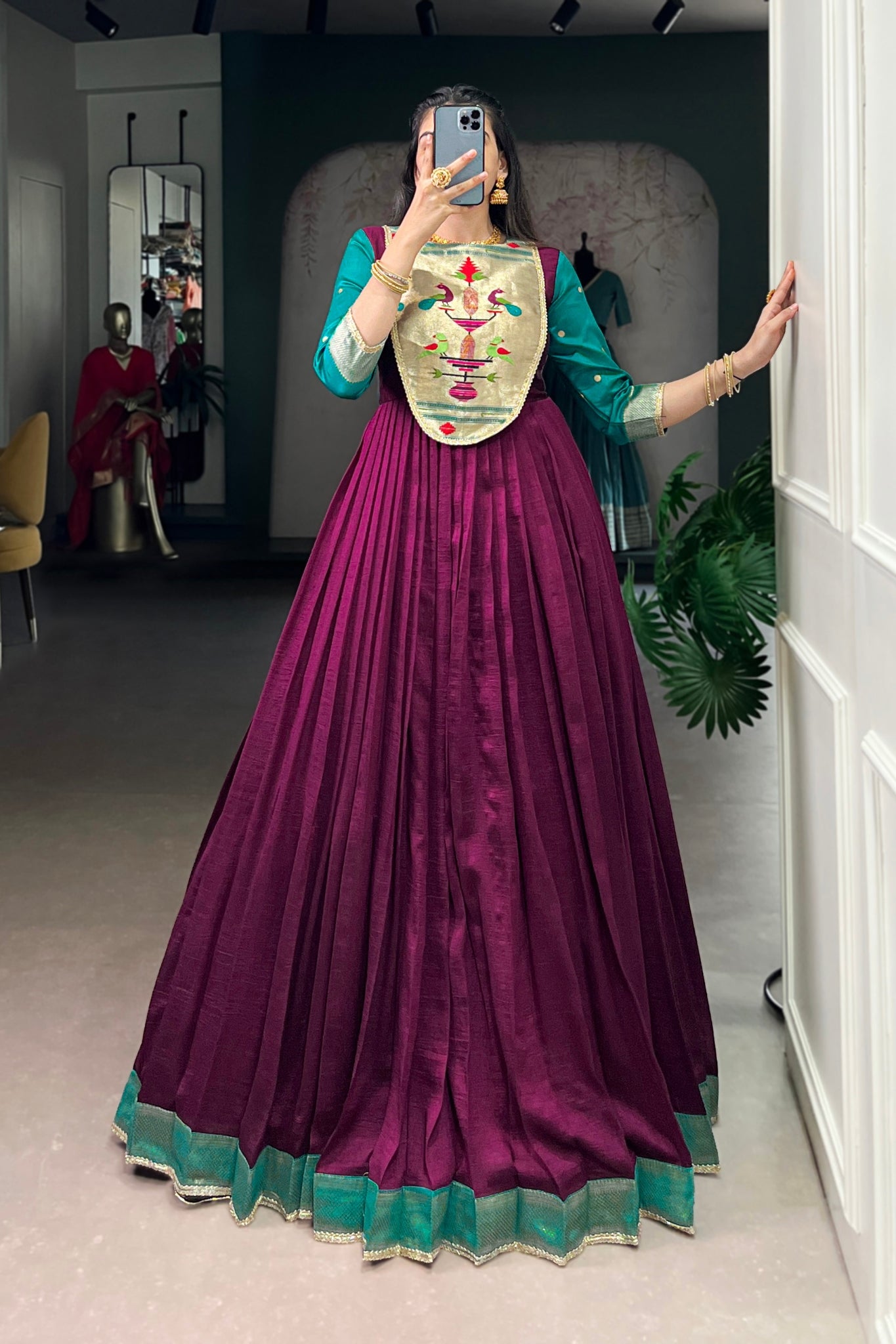 Wine Vichitra Silk Zari Woven Flared Dress With Lace Detailing