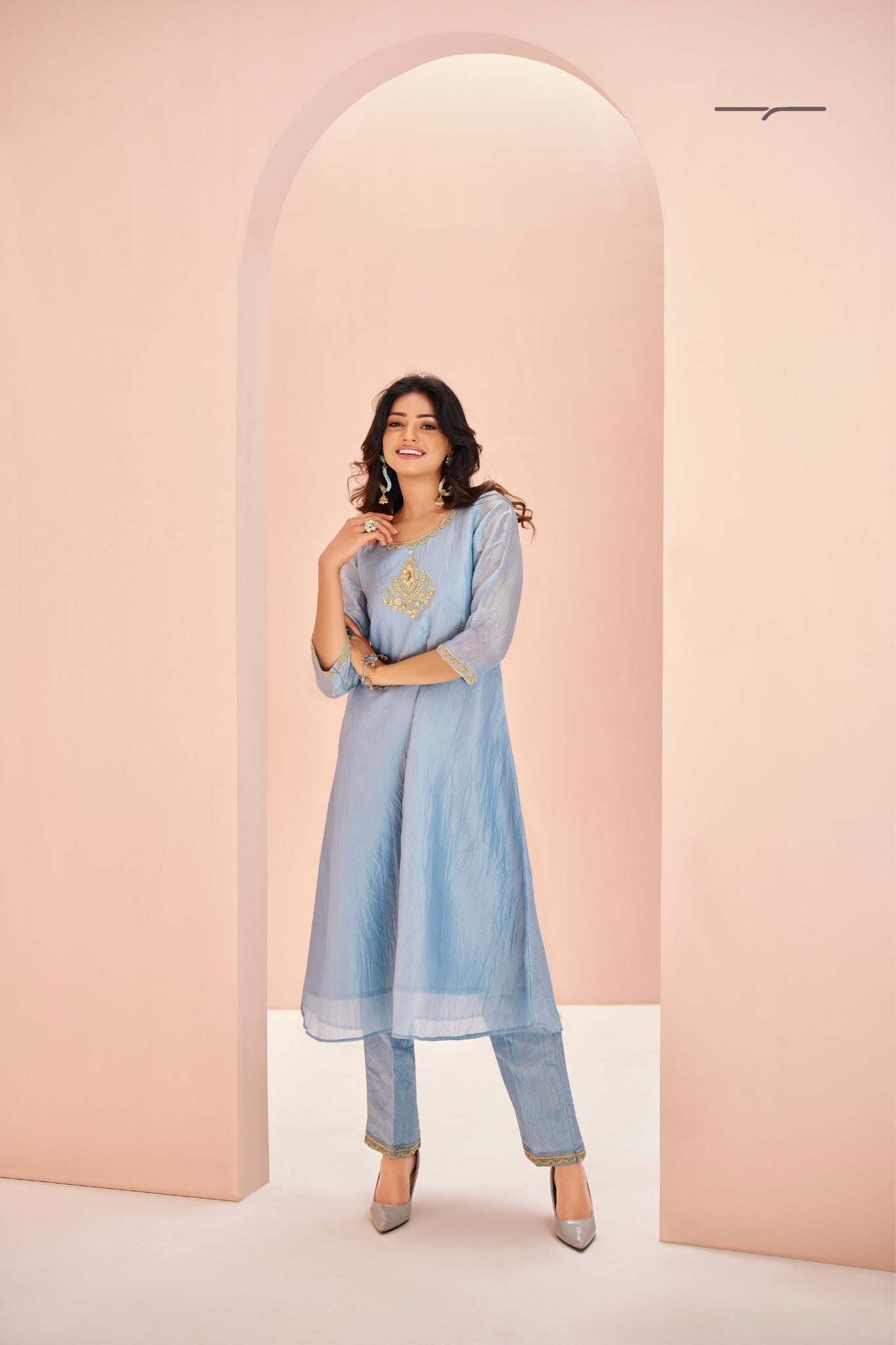 Teal Aura Hand Embroidered Organza Co Ord Set