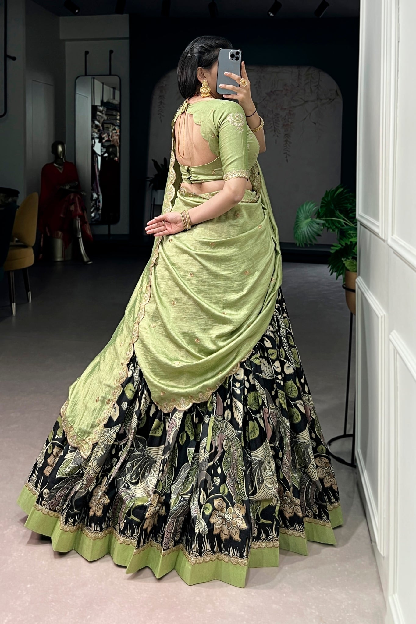 Premium Kalamkari Tasar Silk Lehenga Choli With Embroidered Dupatta