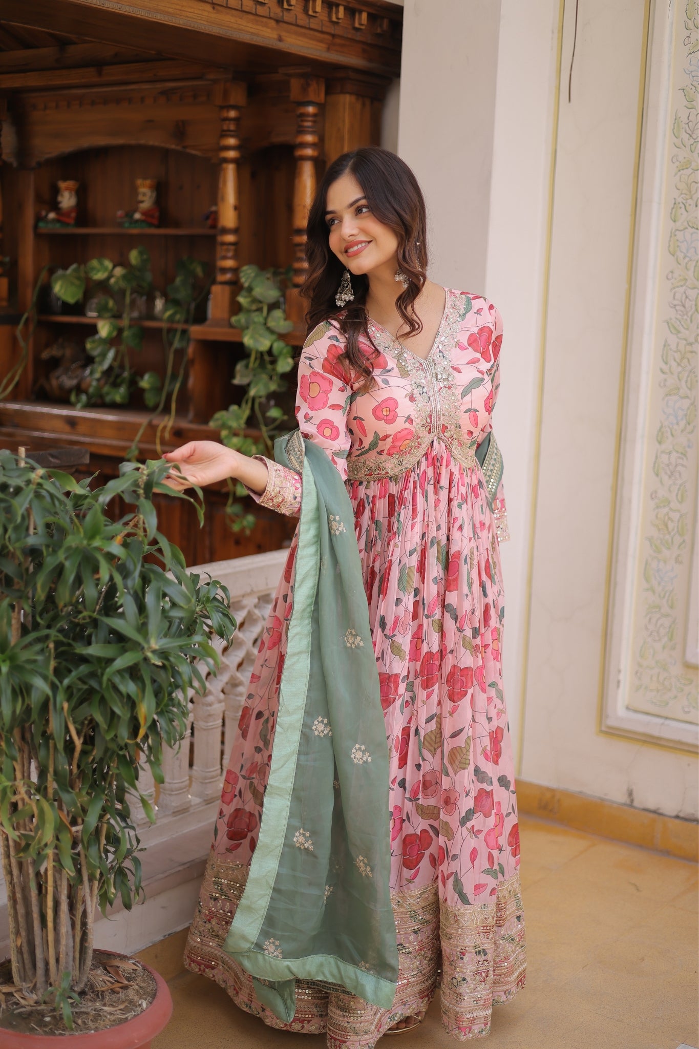 Designer Zari Sequins Embroidery With Printed Russian Silk Anarkali Suit