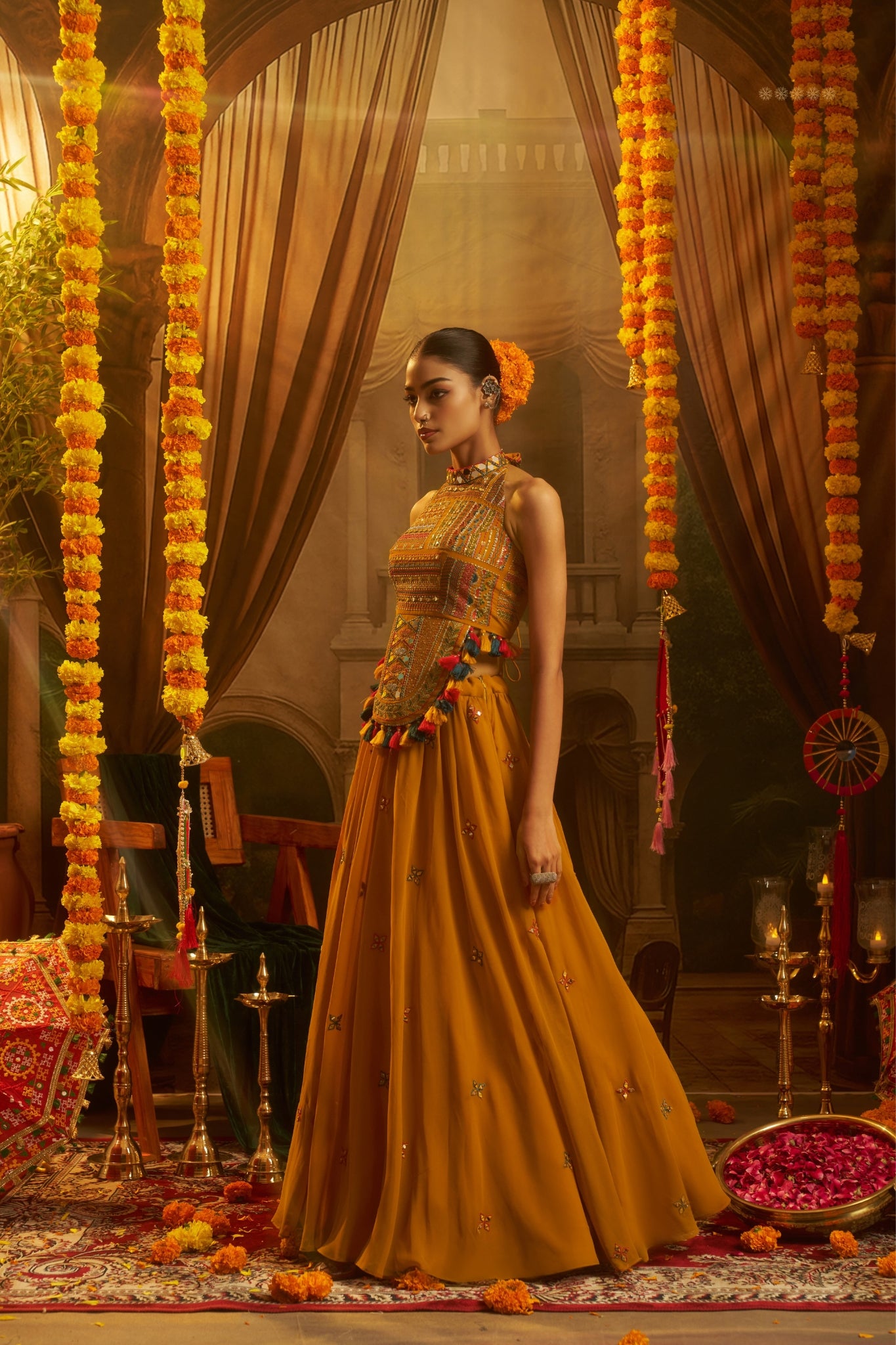 Raasrang Mustard Yellow Georgette Designer Lehenga Choli With Mirror Work Halter Blouse
