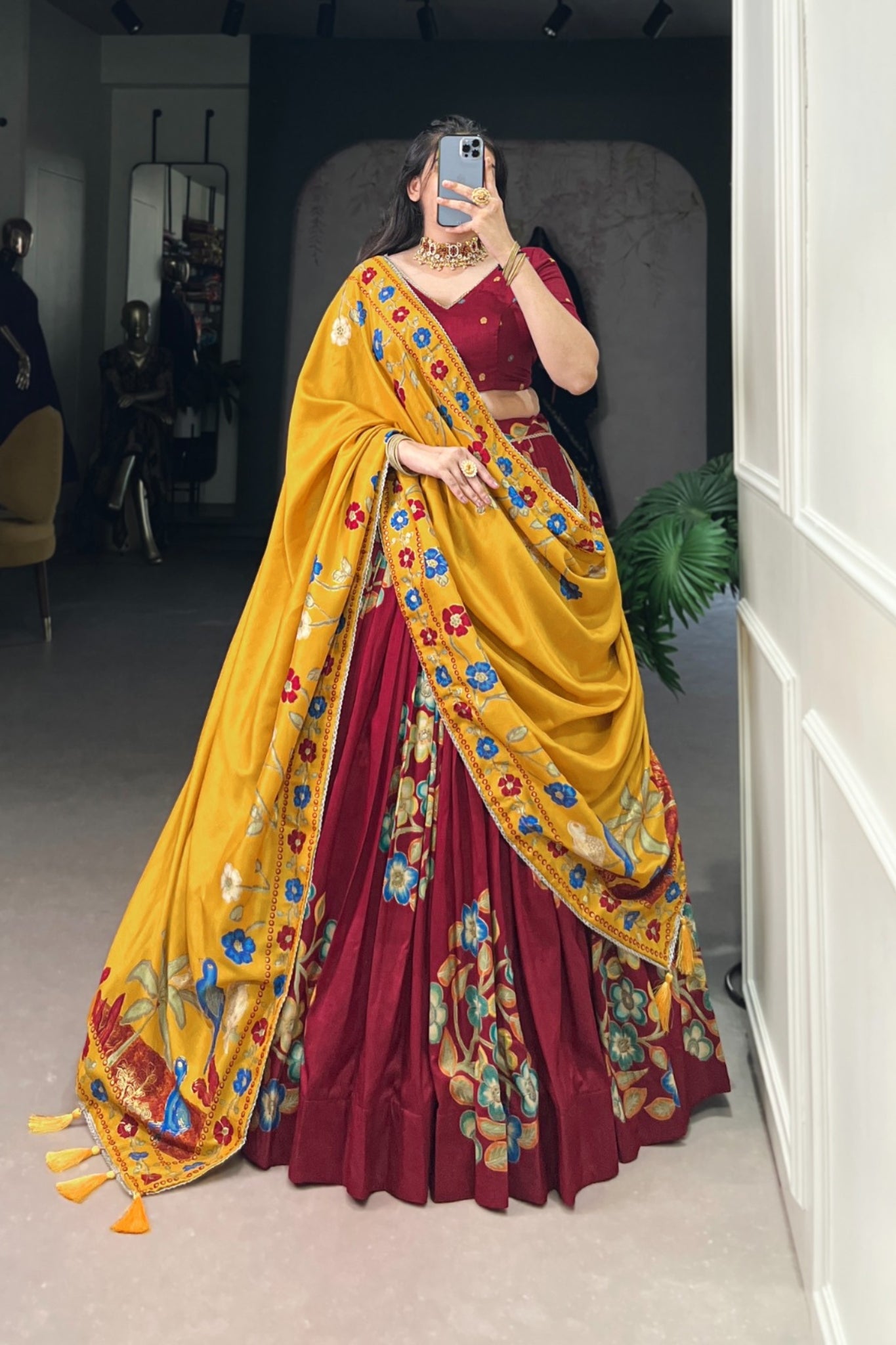 Tussar Silk Lehenga With Foil Work & Gotta Patti Dupatta