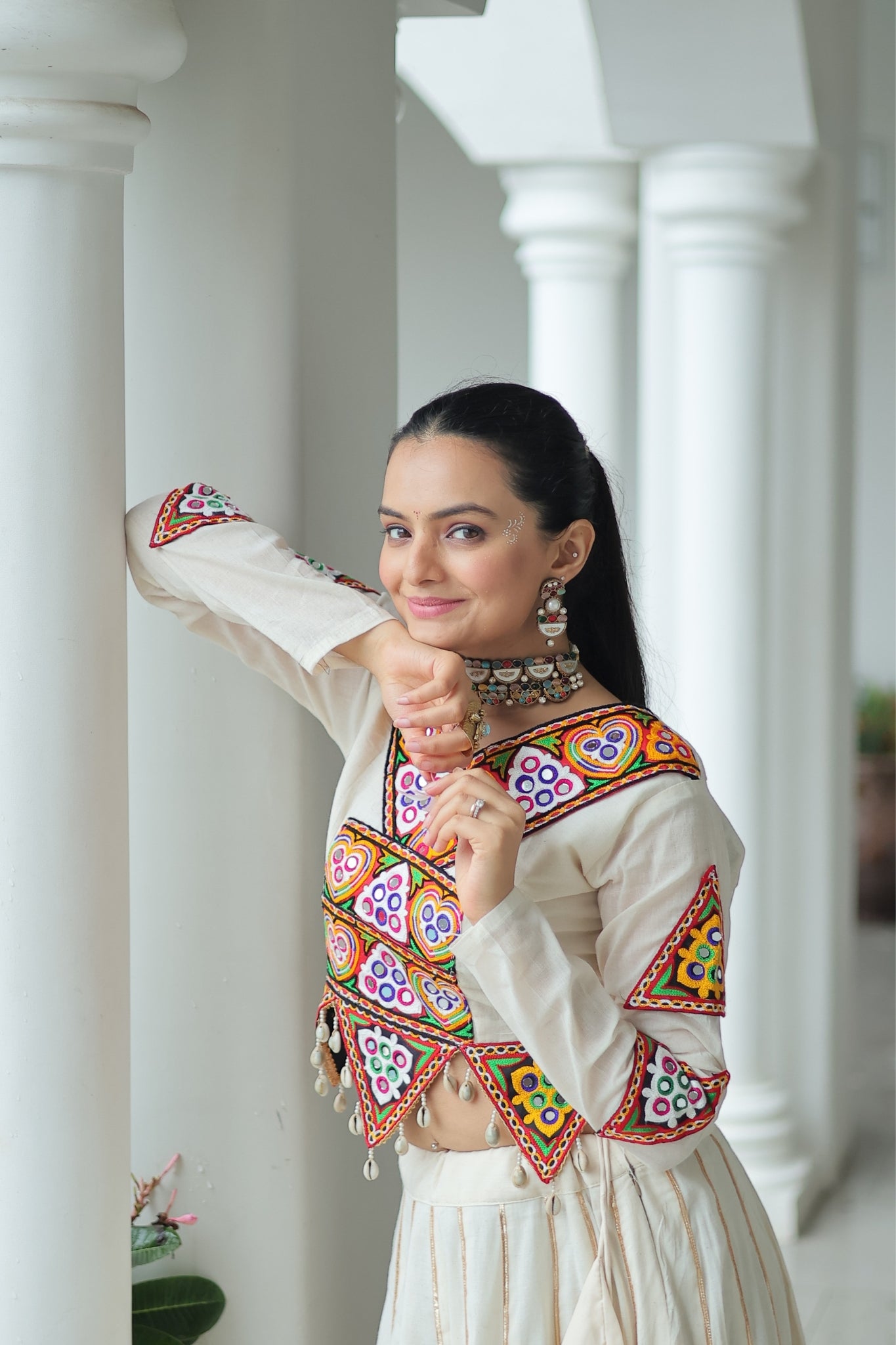 Off White Cotton Kutchi Gamthi Work With Gota Patti Lace Touch up Navratri Designer Lehenga choli