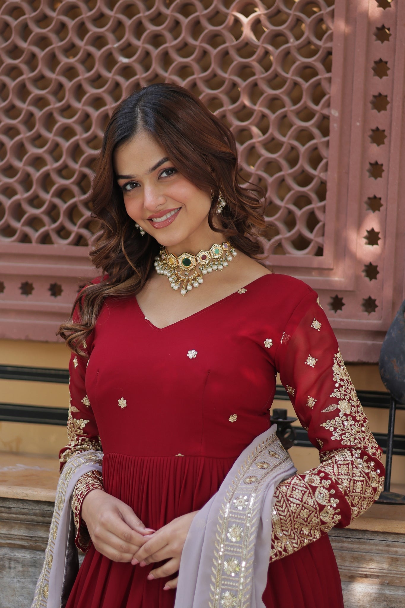 Traditional Maroon Embroidery Sequins Work Anarkali Suit Set