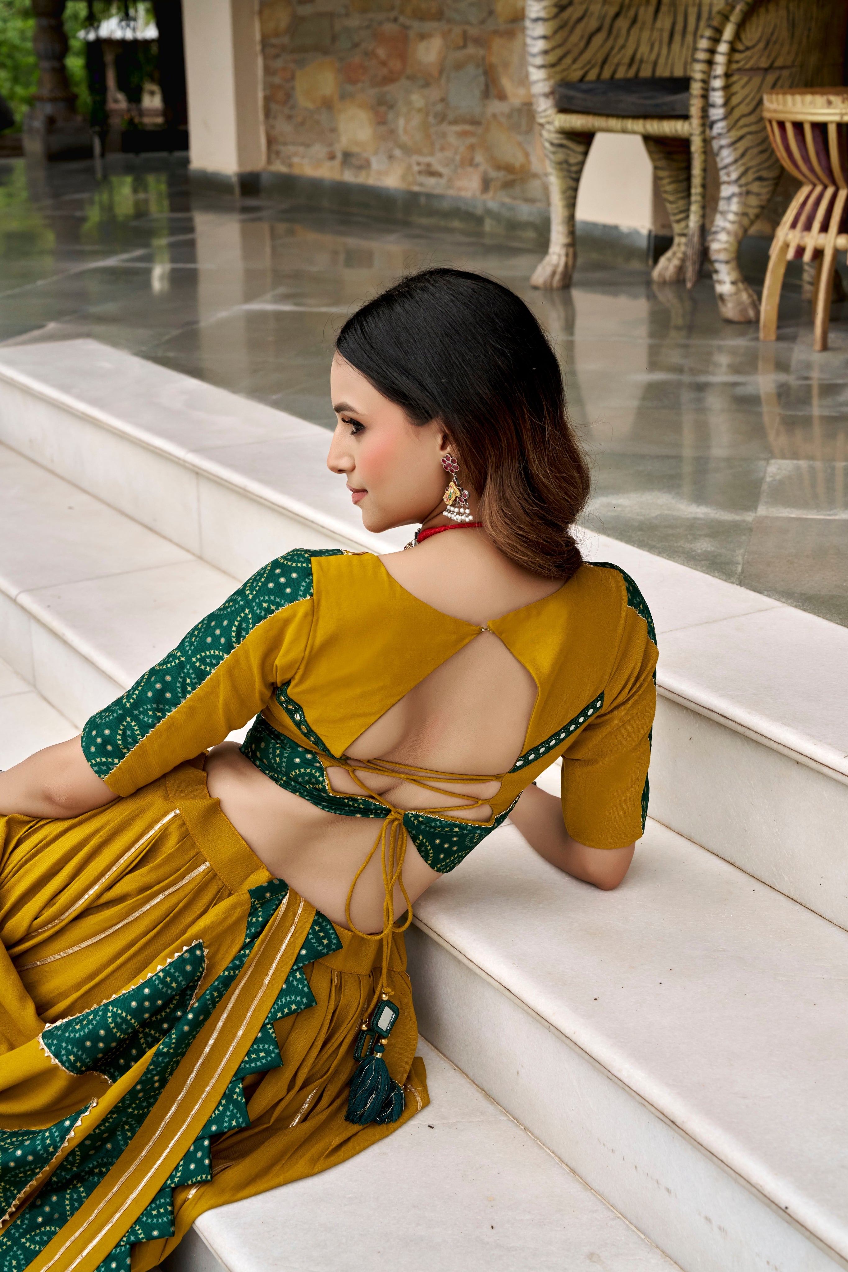 Raasrang Mustard Yellow & Bottle Green Pure Rayon Gotta Patti Mirror Work Lehenga Choli