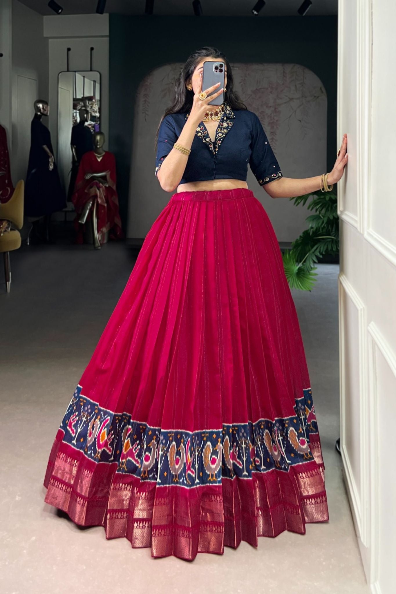 Ready-to-Wear Zari Woven Poly-Cotton Lehenga with Hand-Embroidered Cotton Blouse