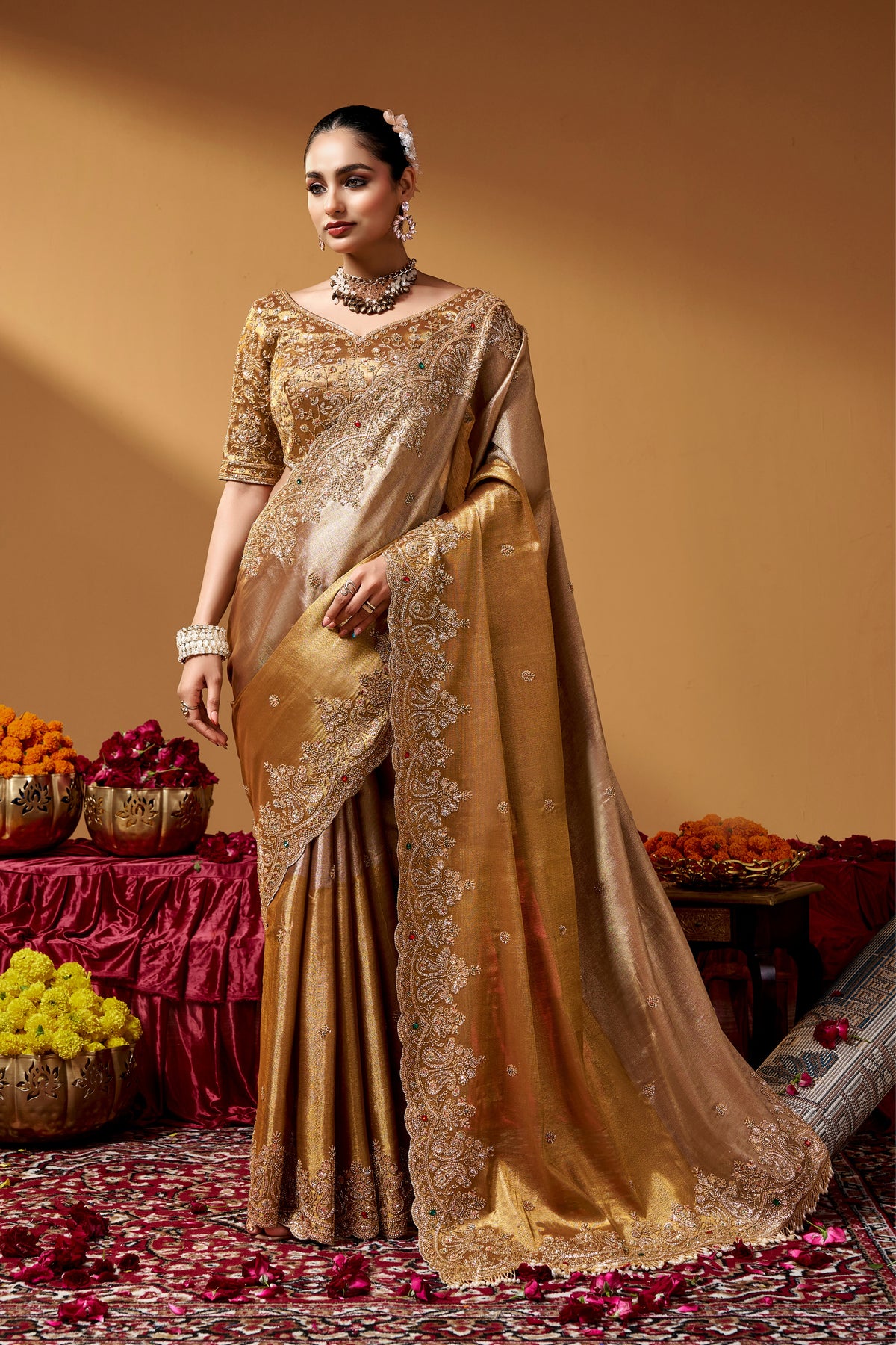 Kanjivaram Zari Tissue Designer Hand Embroider And Tube Beads Wedding Saree