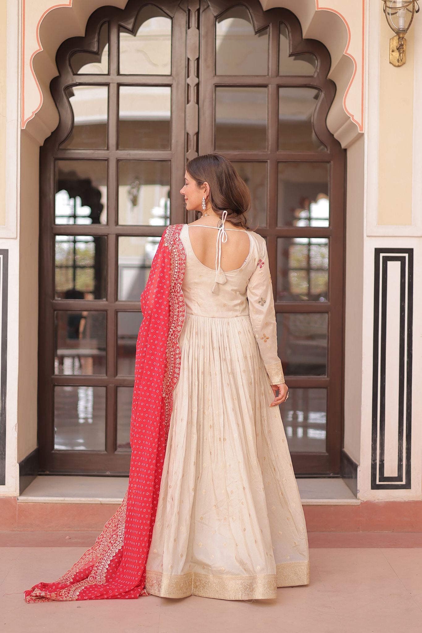 Cosmos Weaving Jacquard Crafted Pearl beads Embroidered Work Gown With Dupatta