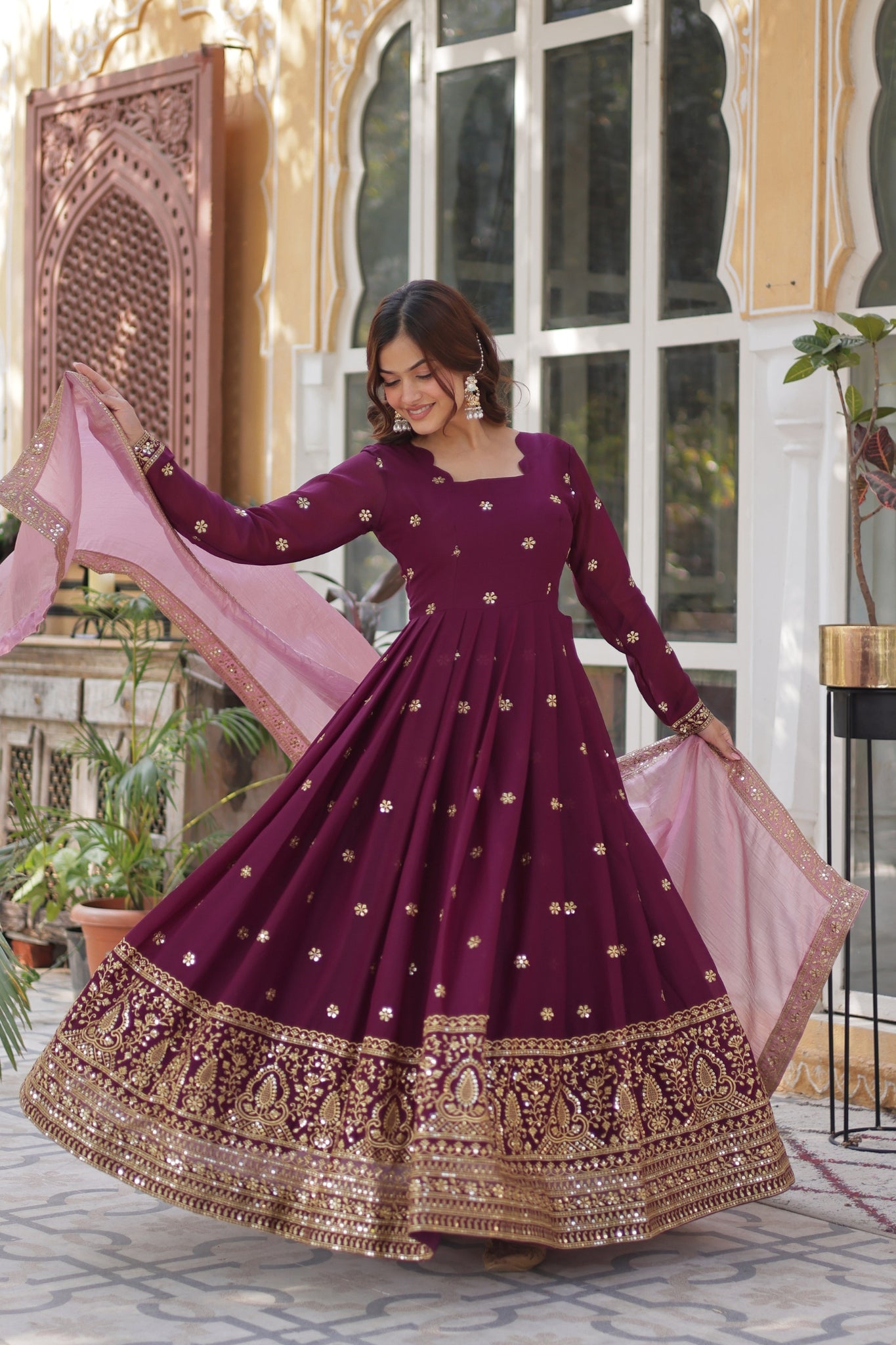 Plum Embroidered Georgette Anarkali Set