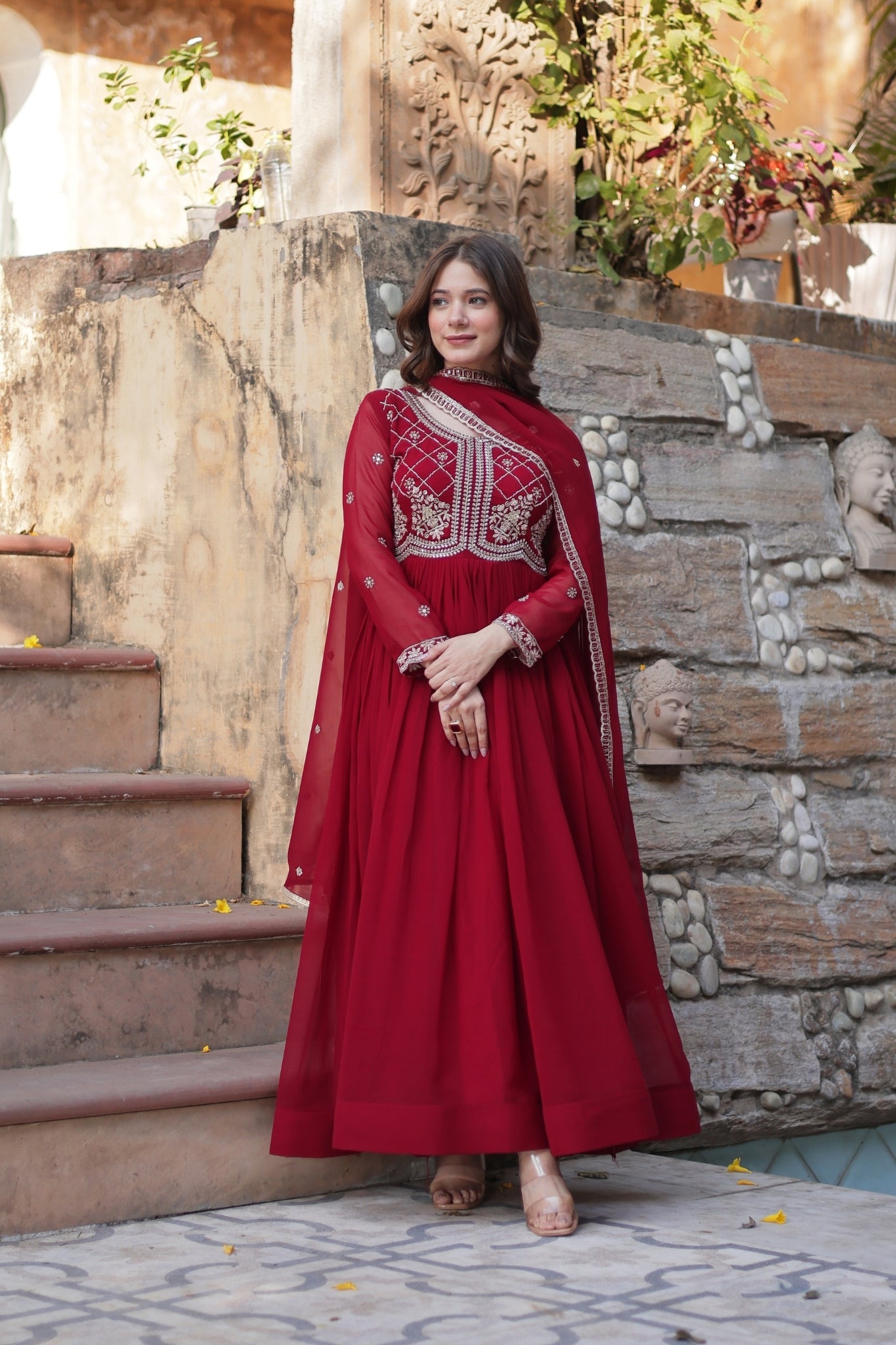 Designer Beads Embroidered Work Beautiful Wedding Gown With Dupatta Set