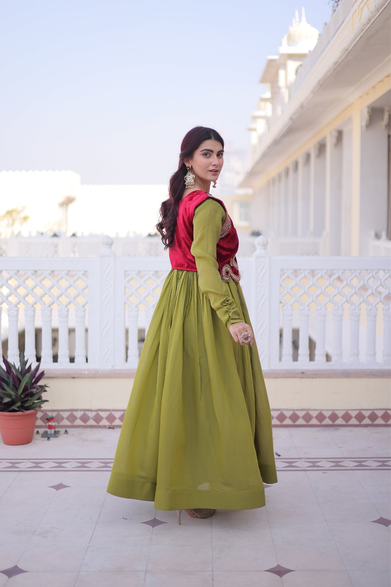 Mal Chanderi Anarkali Gown With Velvet Koti For Women