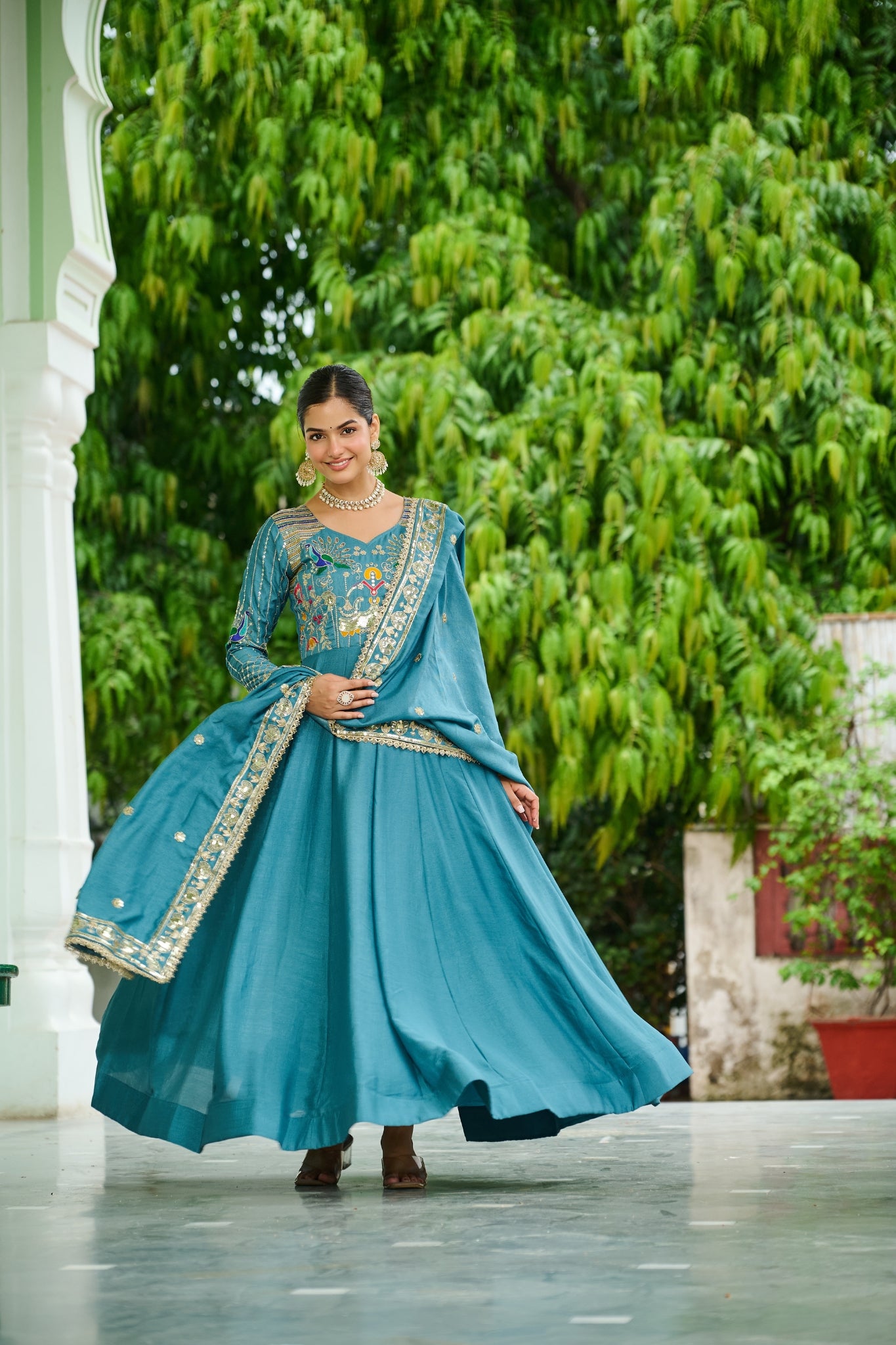 Premium Vichitra Silk Embroidered Gown With Sequins And Zari Work
