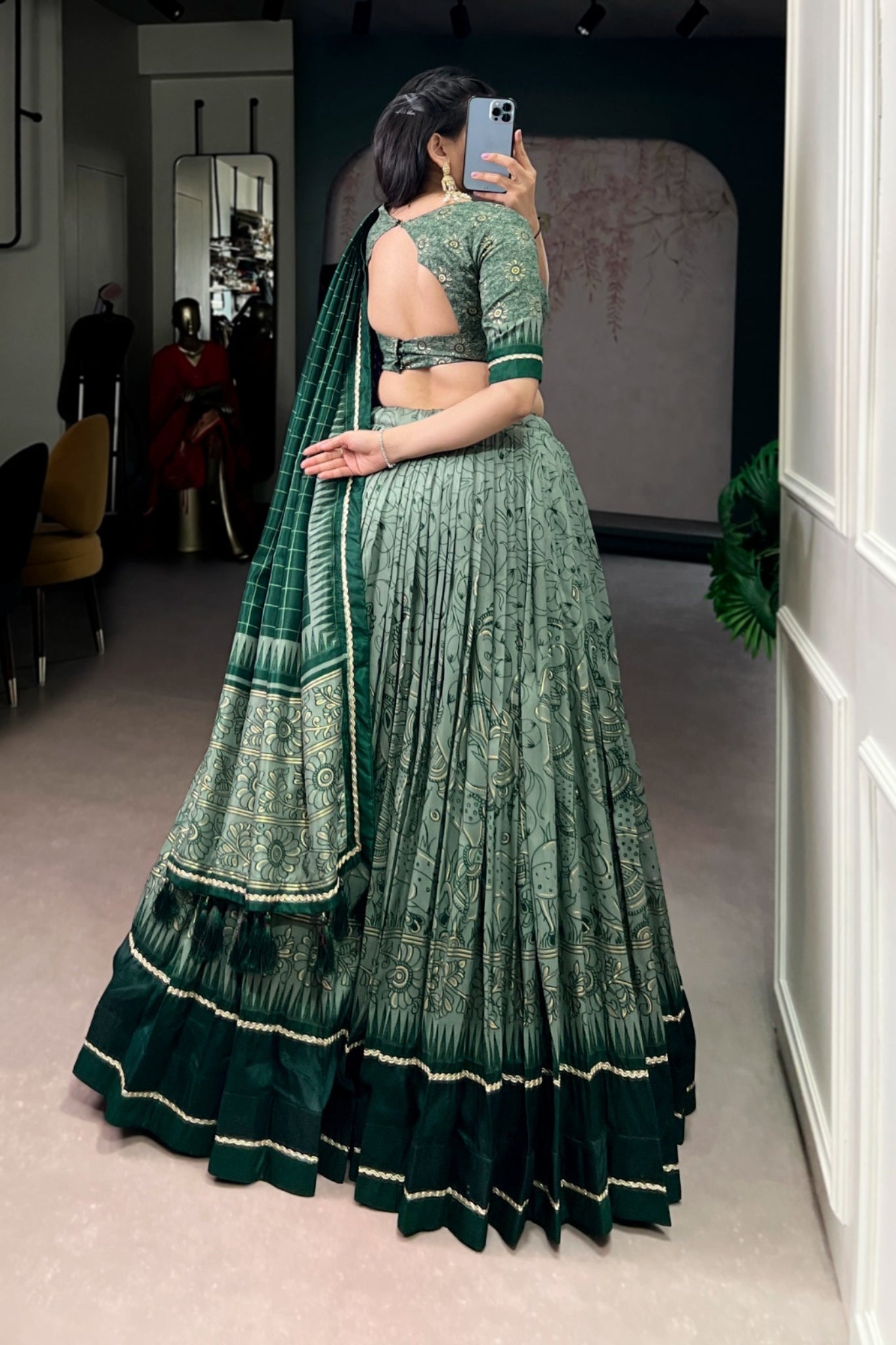 Festive Kalamkari Printed Tasar Silk Lehenga Choli With Dupatta