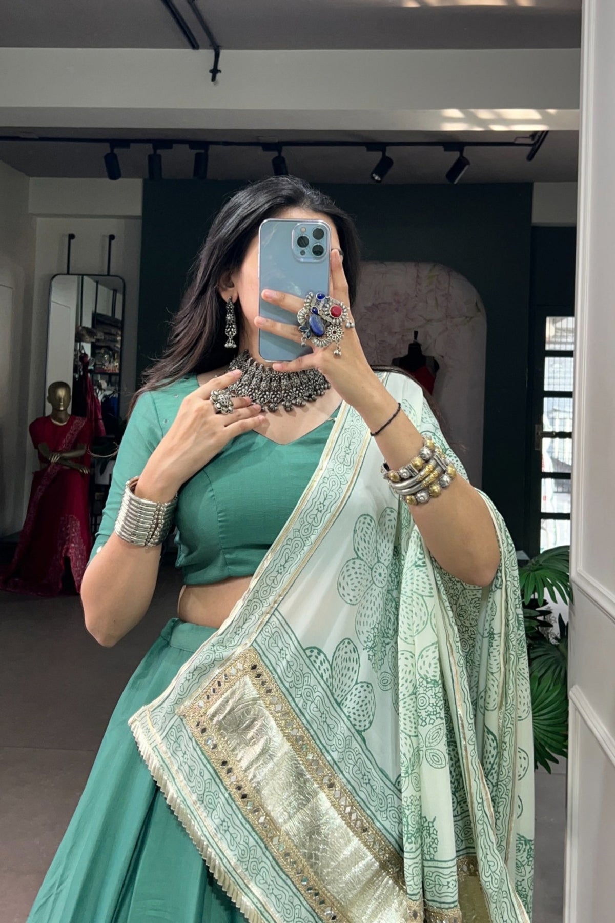 Designer Satin Silk Lehenga Choli With Floral Printed mirror Work Detailing Dupatta