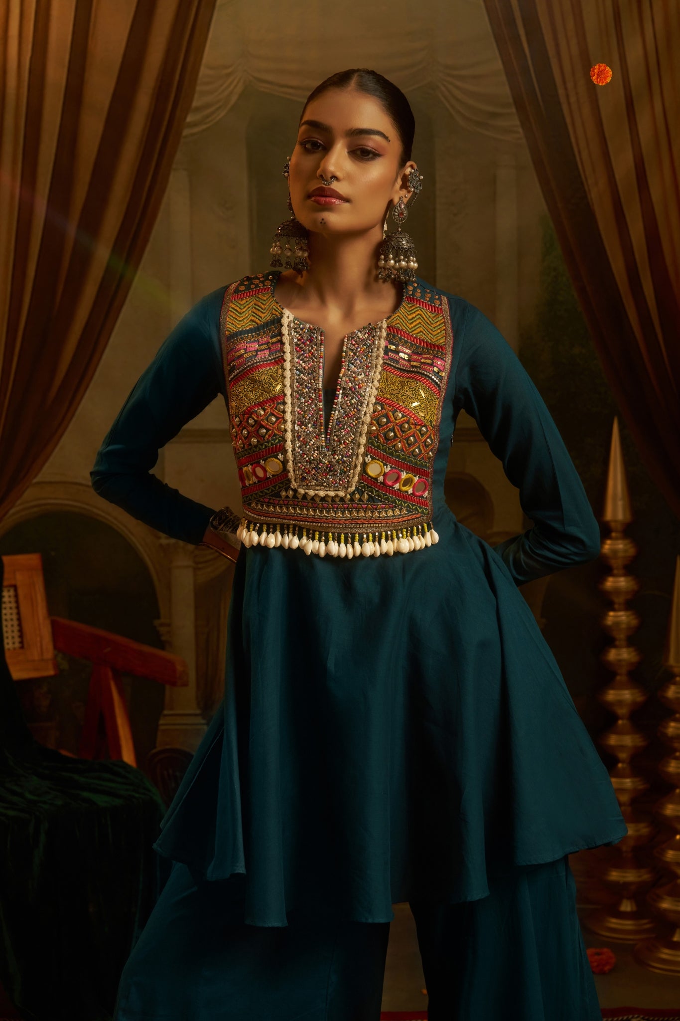 Teal Blue Hand Embroidered Peplum Sharara Set For Women