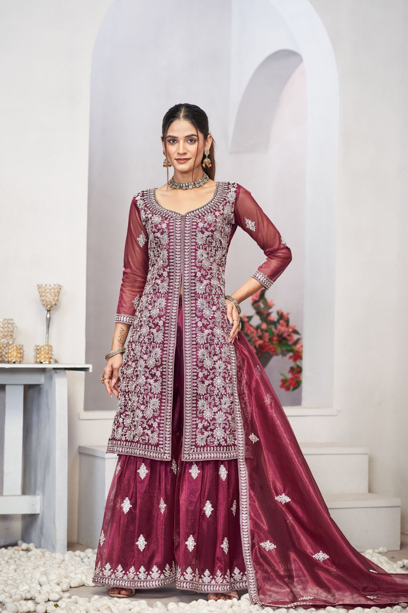 Purple Sequins Embroidered With Real Mirror Work Sharara Set Of 3