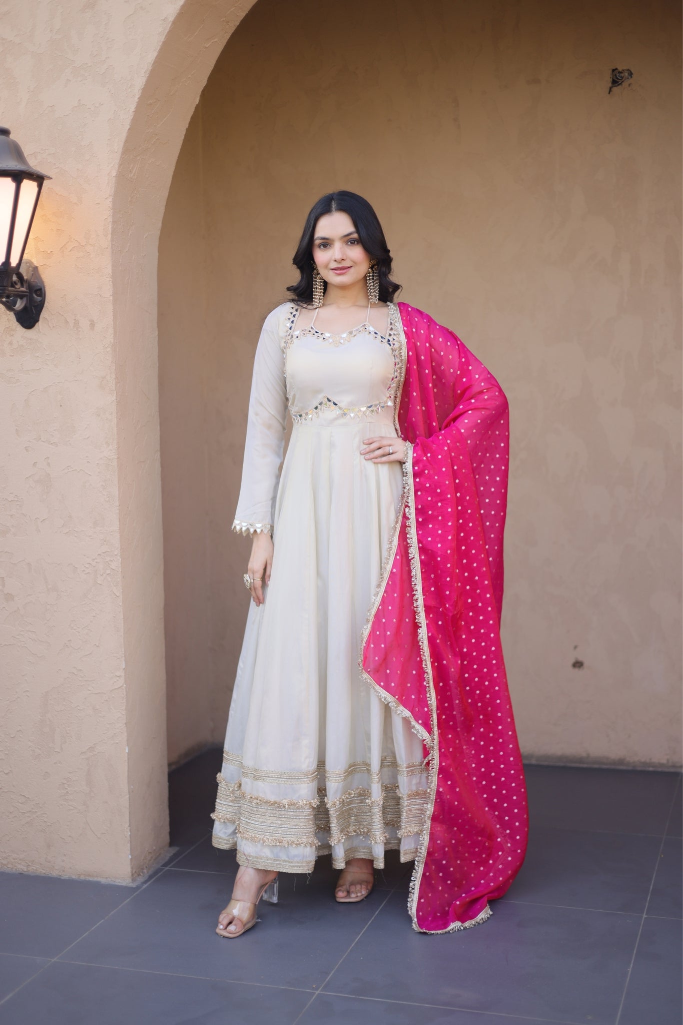 Cosmos Real Mirror Work Designer Embroidered Anarkali Gown With Dupatta