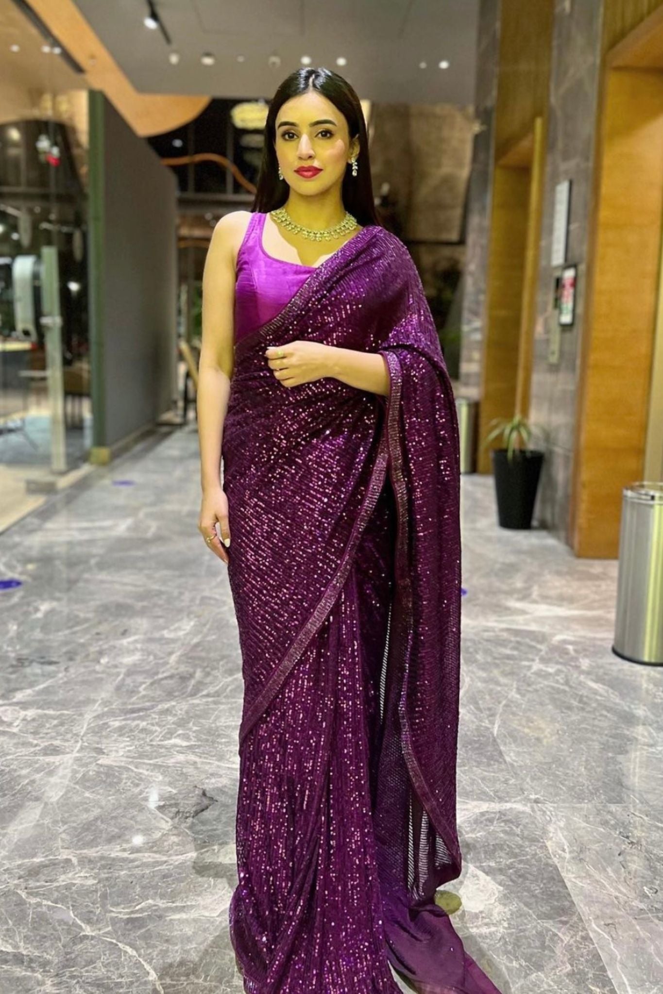 Purple Georgette Saree with Sequence Work