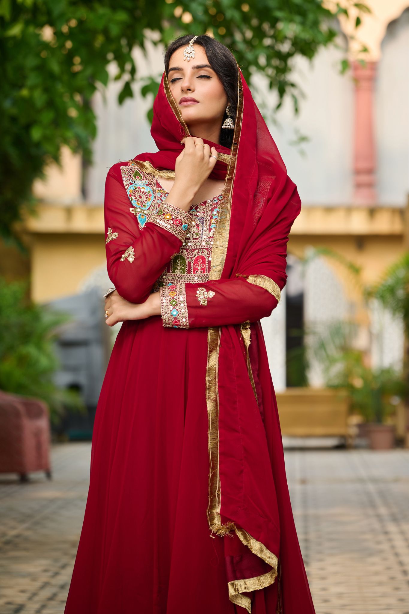 Ethnic Stylish Crafted Multi Thread Embroidered Work Gown With Dupatta Set