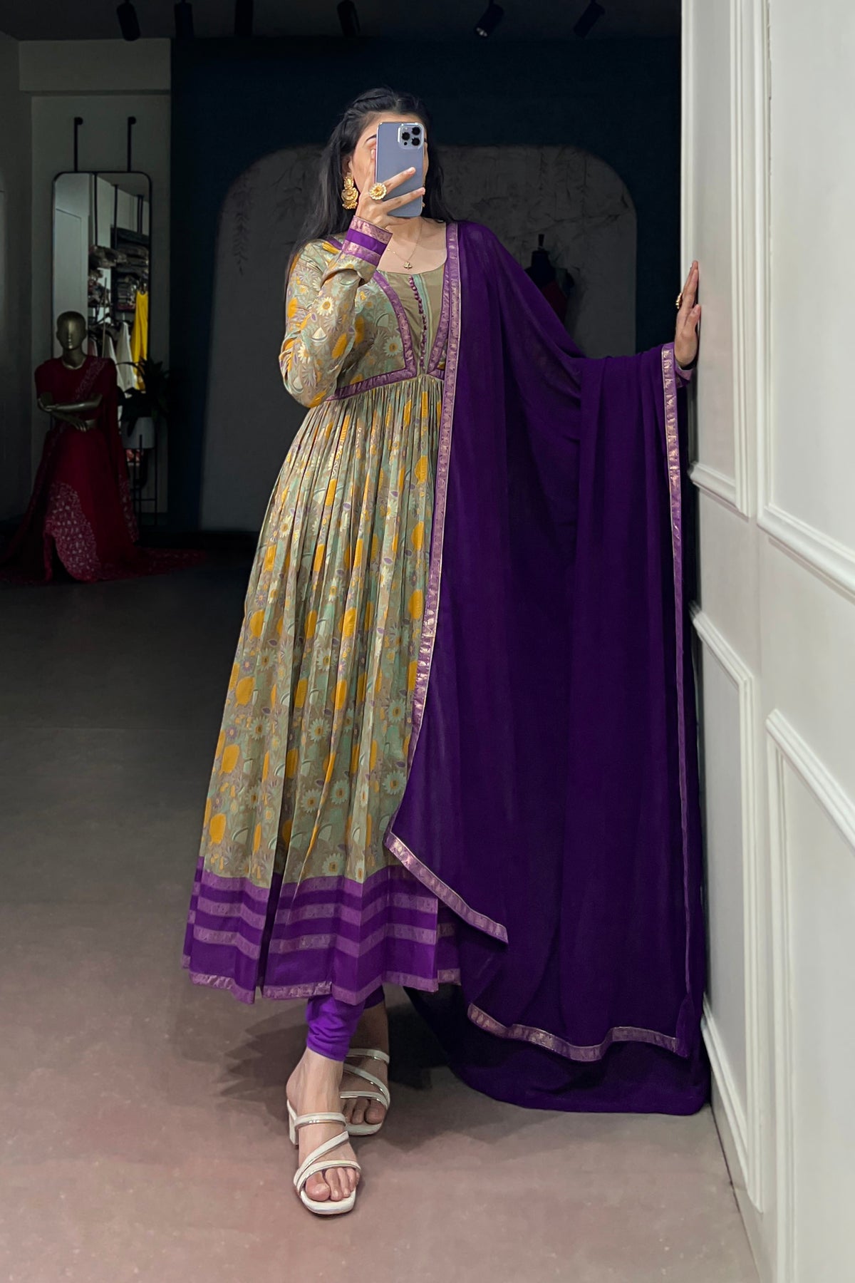 Tasar Silk Floral Print Anarkali Dress with Foil Work & Georgette Lace Border Dupatta
