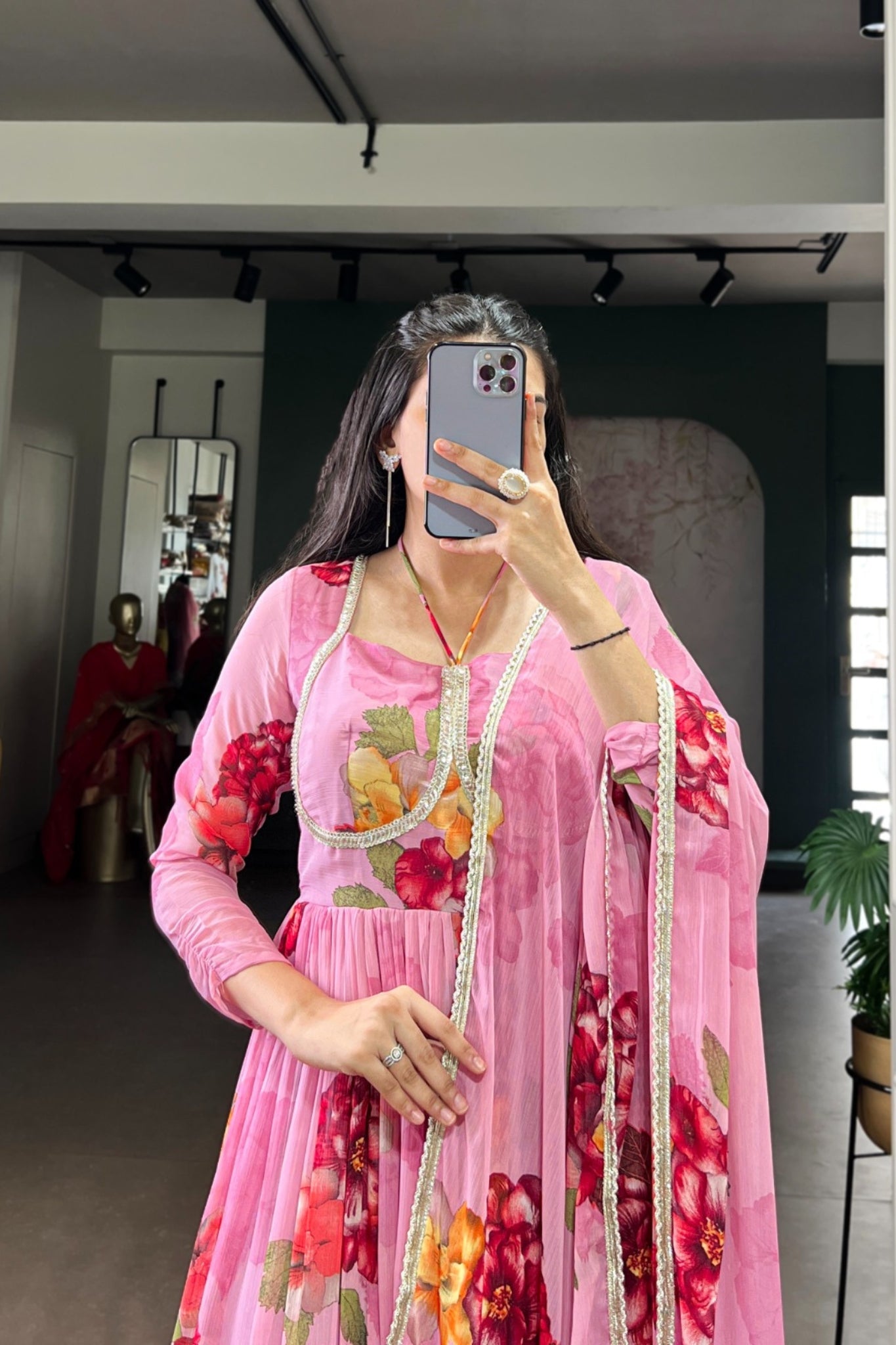 Premium Chiffon Floral Print Gown With Lace Detailing And Matching Dupatta