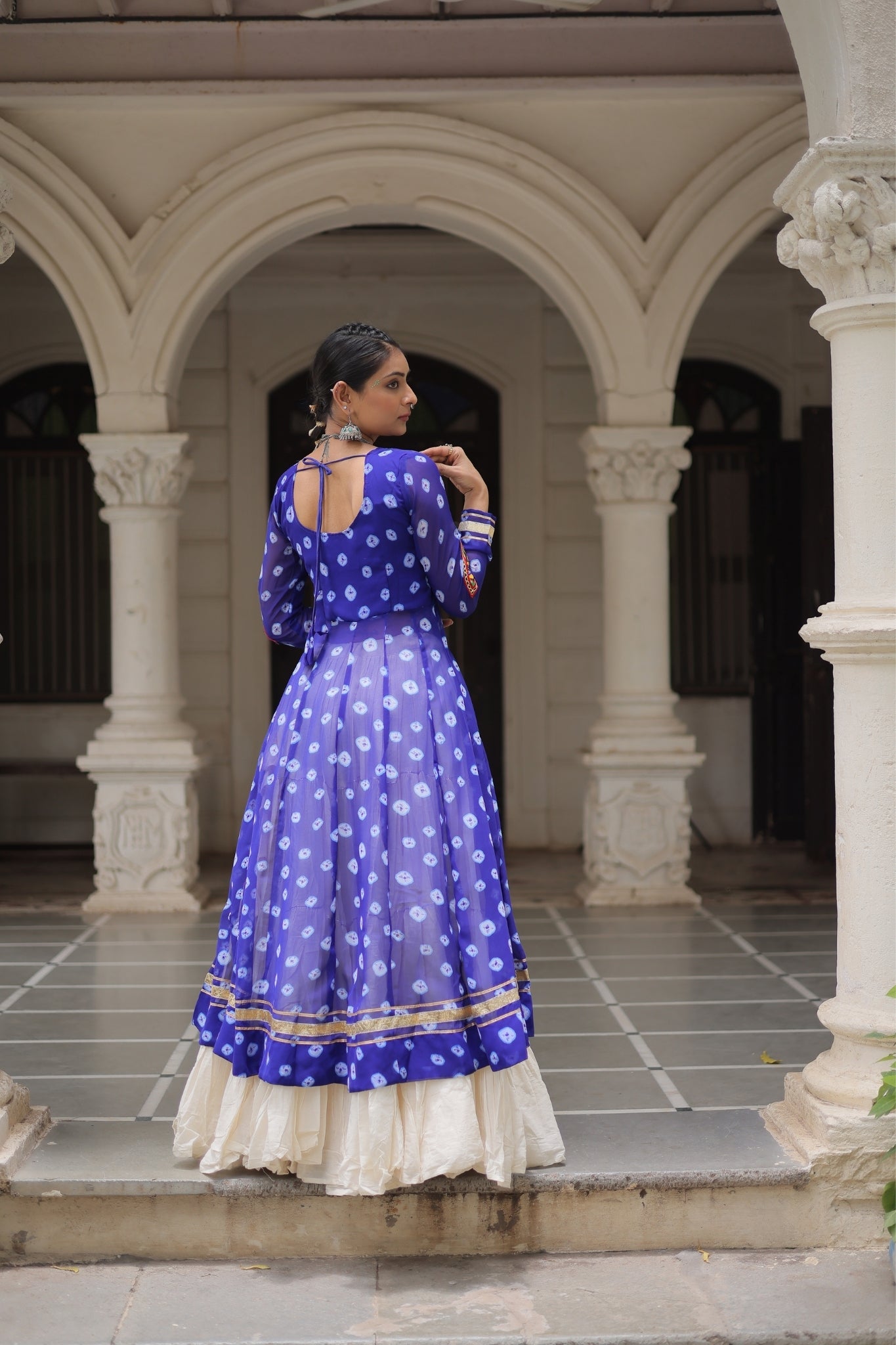 Kora Cotton Stylish Frill Stitching Beautiful Navratri Lehenga With Bandhani Printed Kurti