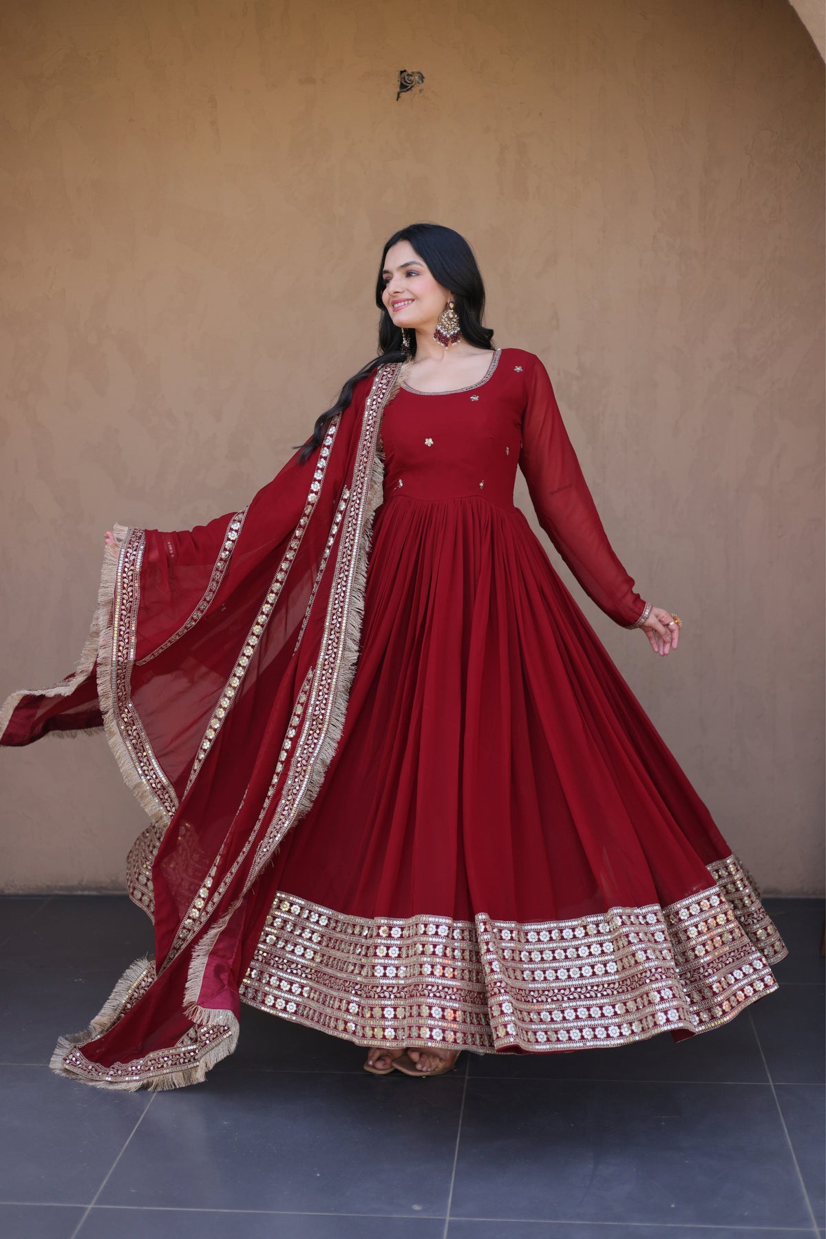 Designer Faux Blooming Anarkali Gown With Dupatta Set