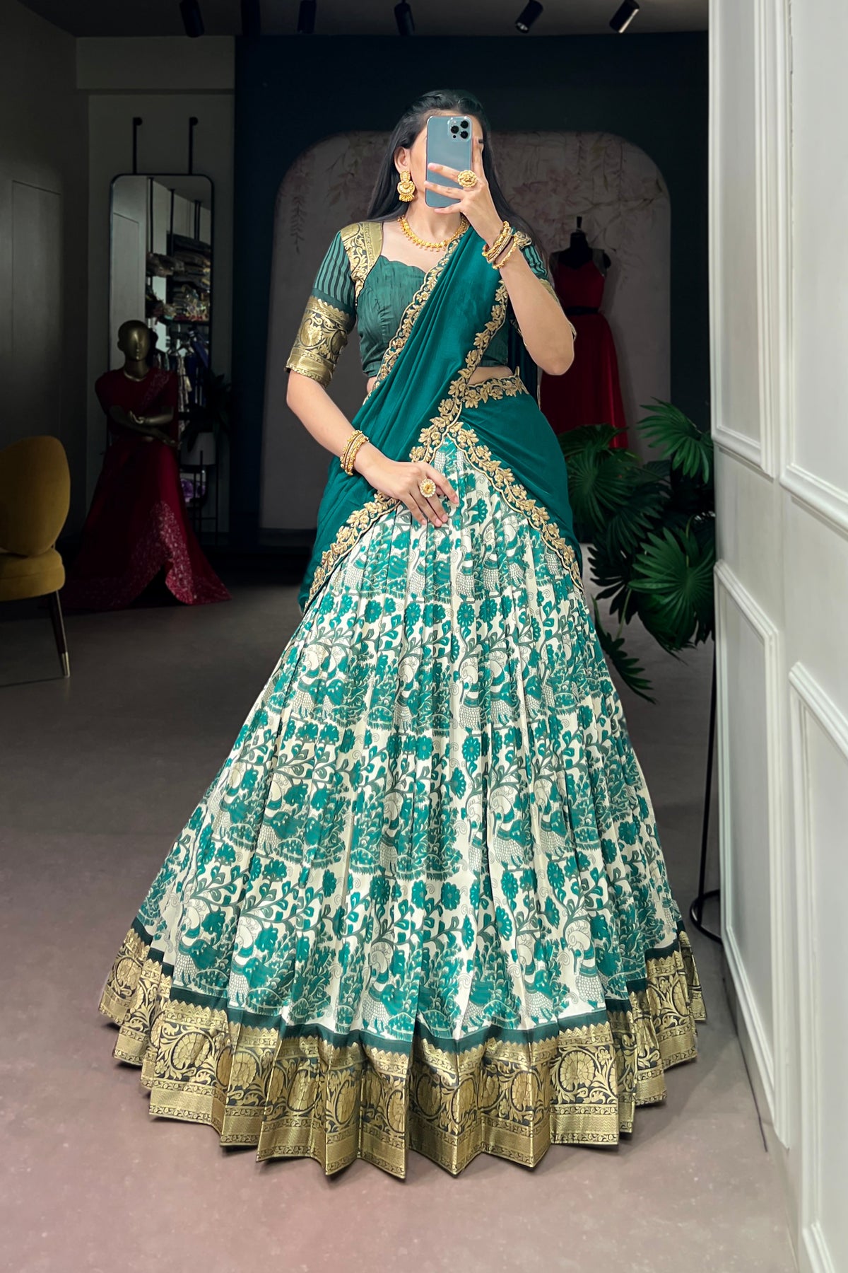 Designer Peacock Floral Print Half Saree Lehenga Choli