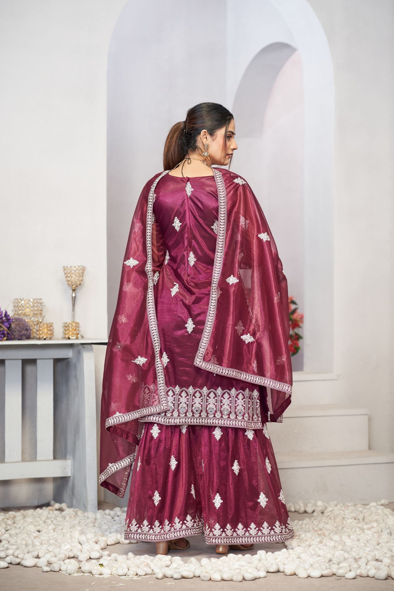 Purple Sequins Embroidered With Real Mirror Work Sharara Set Of 3