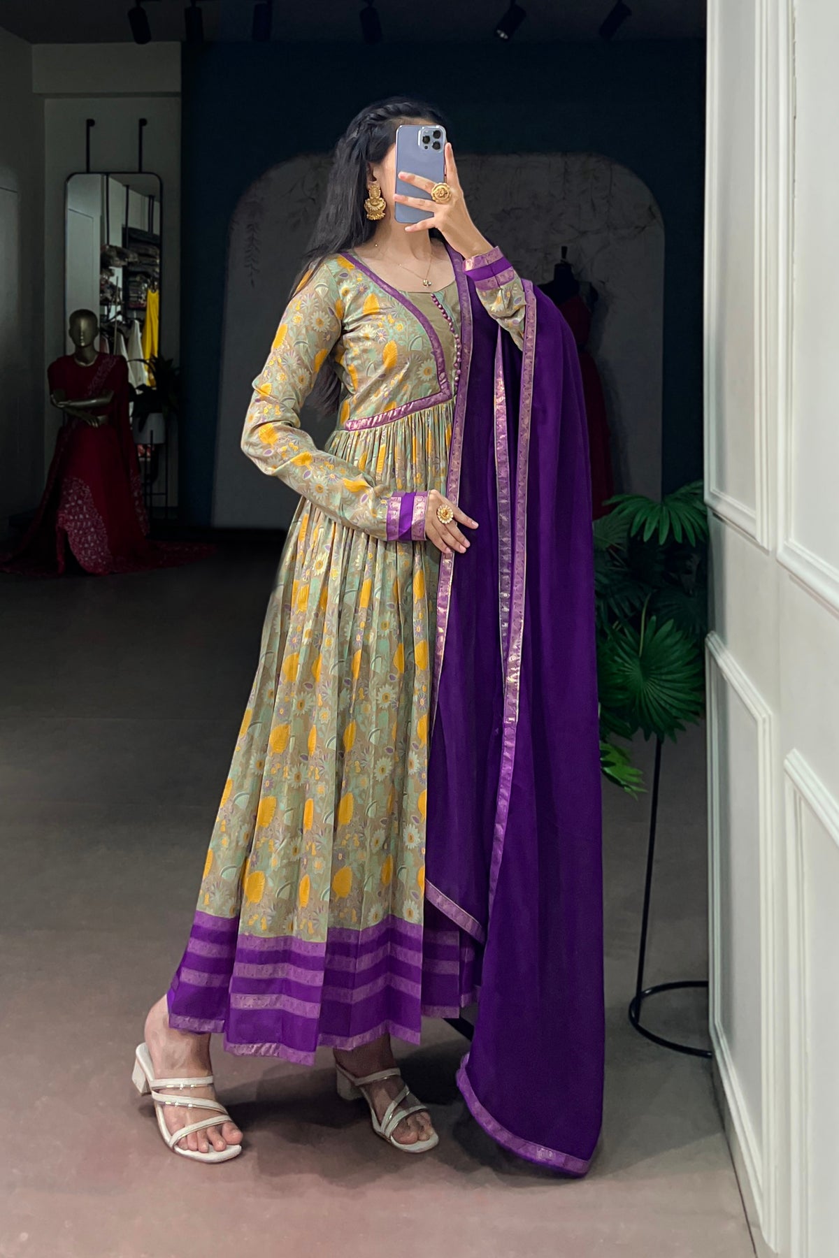 Tasar Silk Floral Print Anarkali Dress with Foil Work & Georgette Lace Border Dupatta