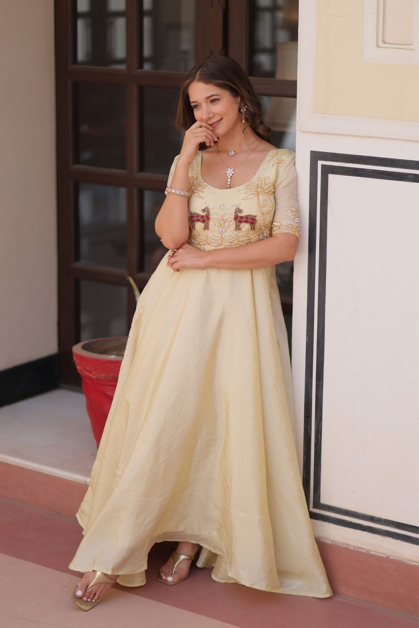 Gold Crush Beads Embroidered Work Crafted Designer Gown