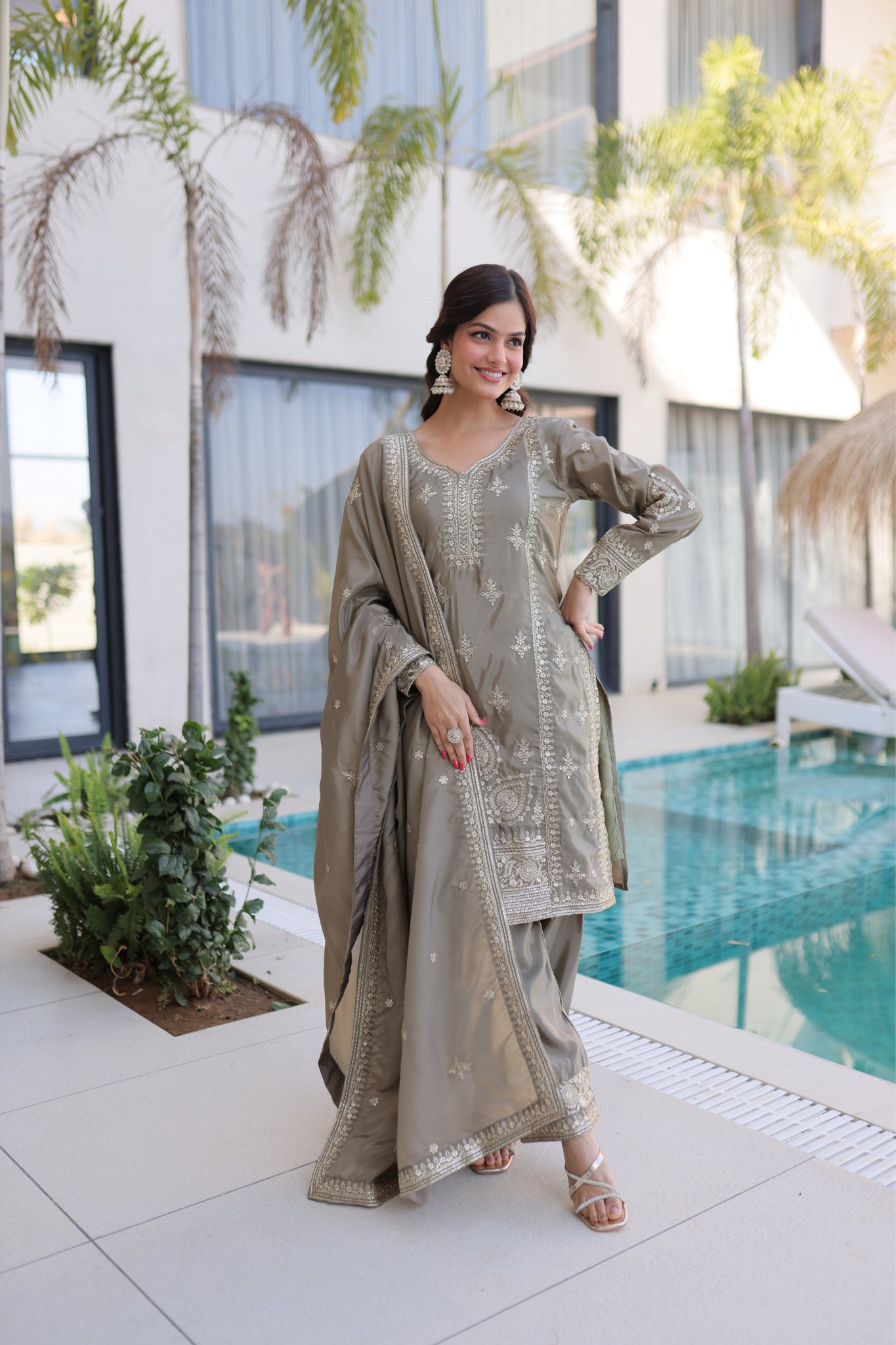 Luxury Ho Silk Designer Multi With Thread Embroidery Suit Set