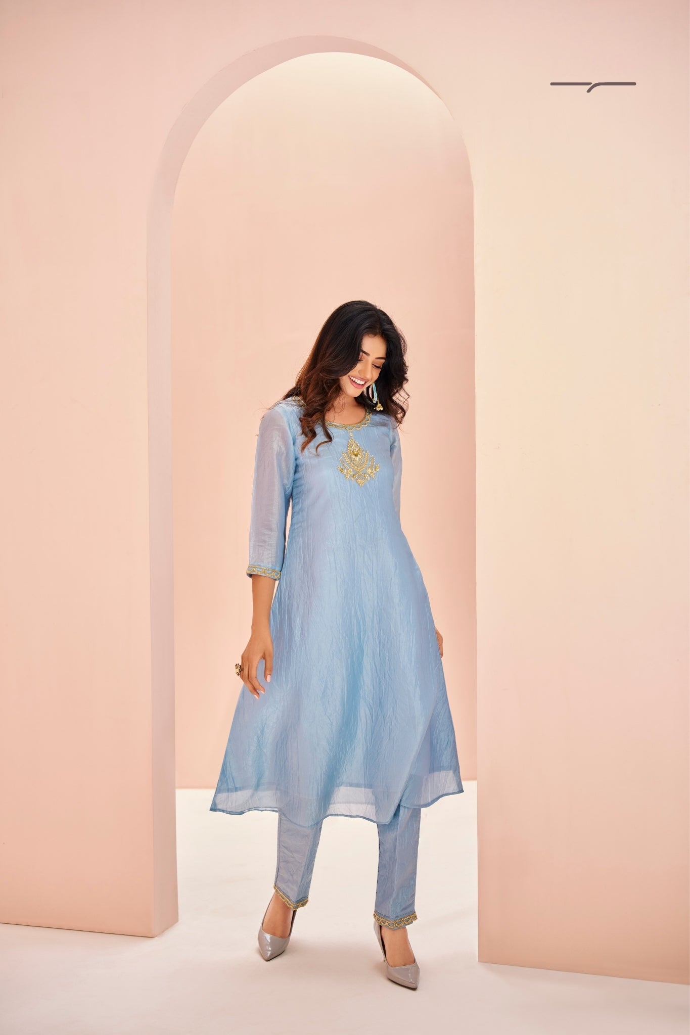 Teal Aura Hand Embroidered Organza Co Ord Set