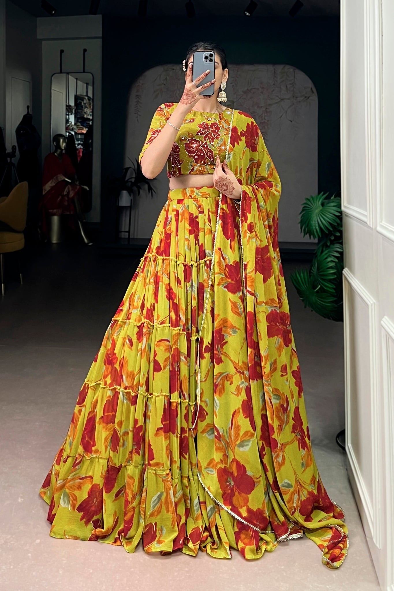 Floral Marble Print Lehenga Choli Set For Women