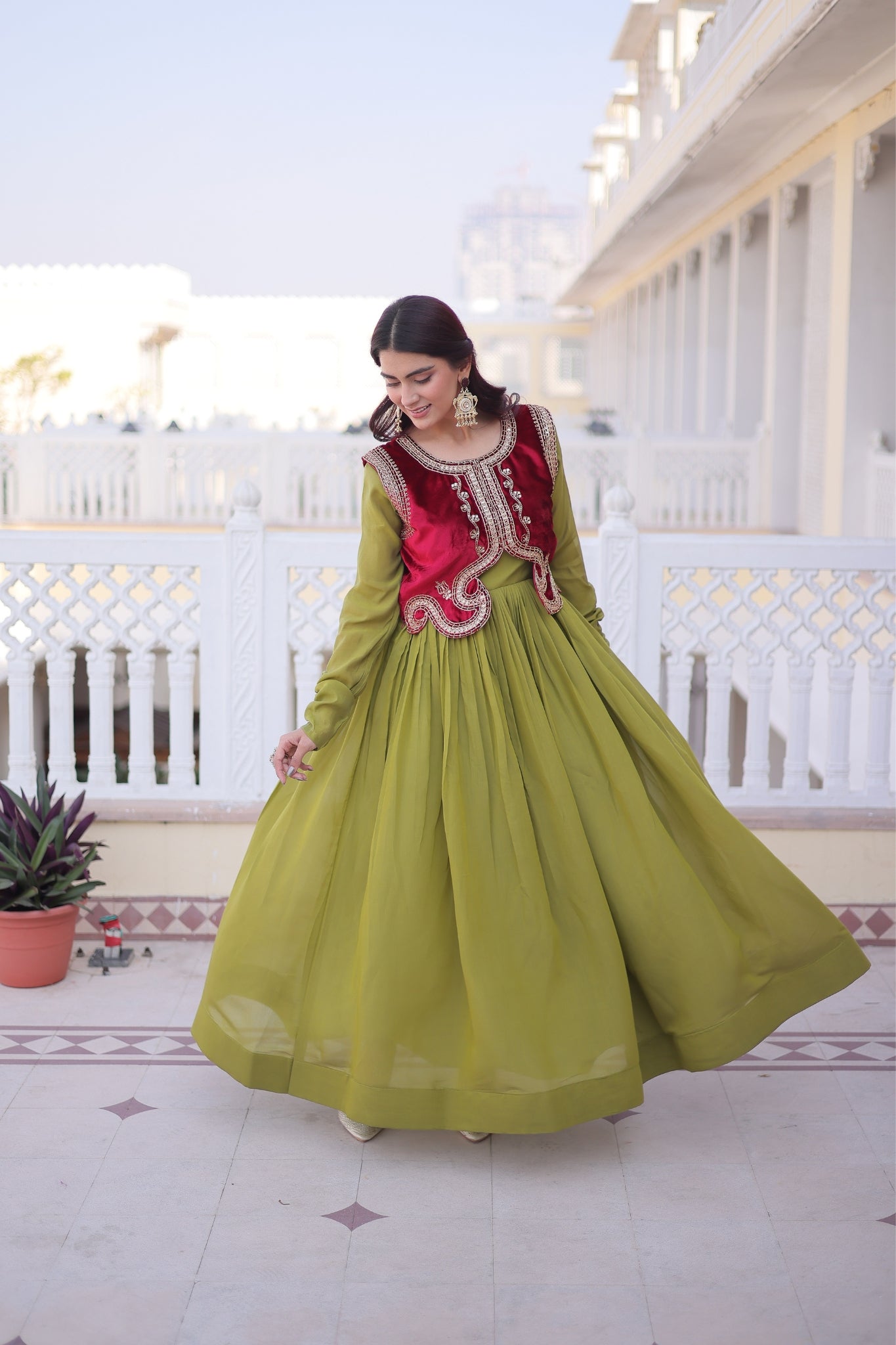 Mal Chanderi Anarkali Gown With Velvet Koti For Women
