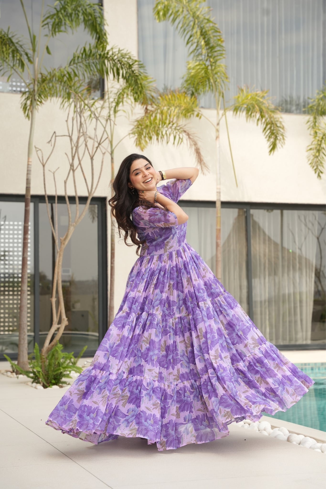 Floral Printed Georgette Women Tiered Gown