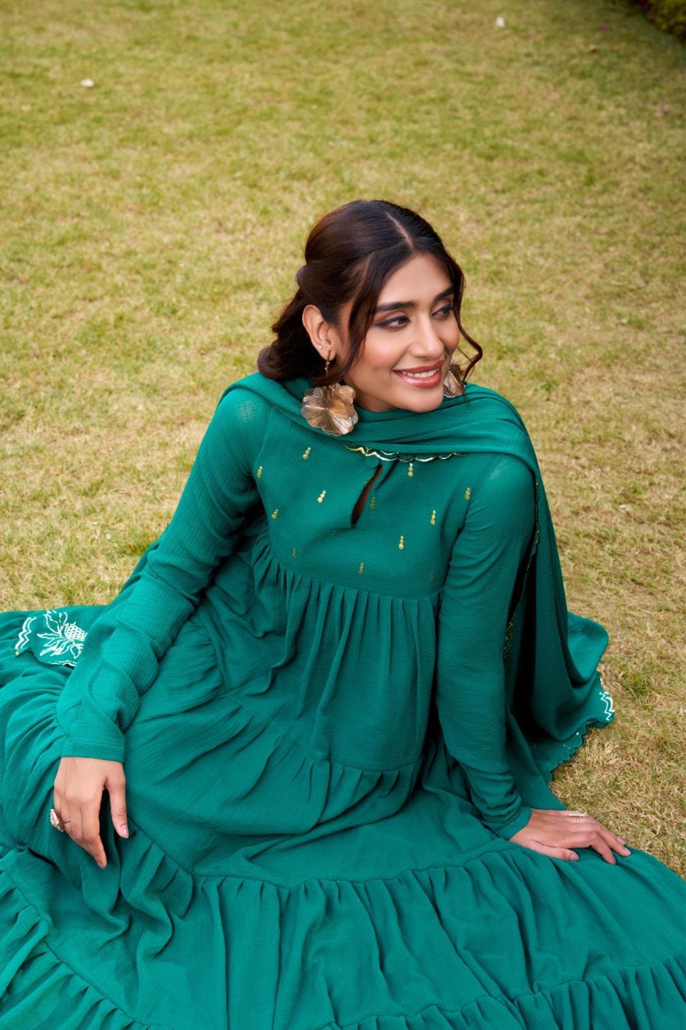 Ethereal Marble Refined Foil Work Anarkali Set With Flowing Dupatta