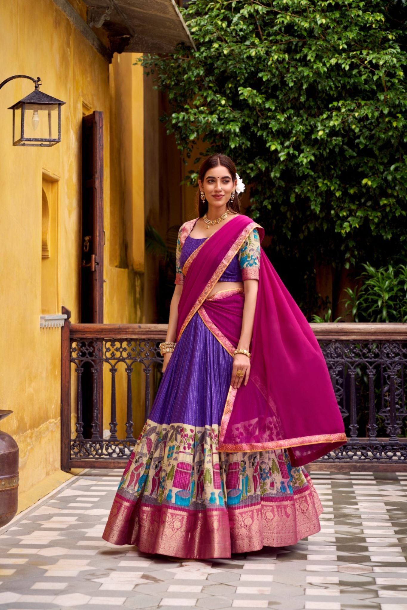 Poly Chanderi Kalamkari Printed Zari Weaving Work Premium Lehenga Choli