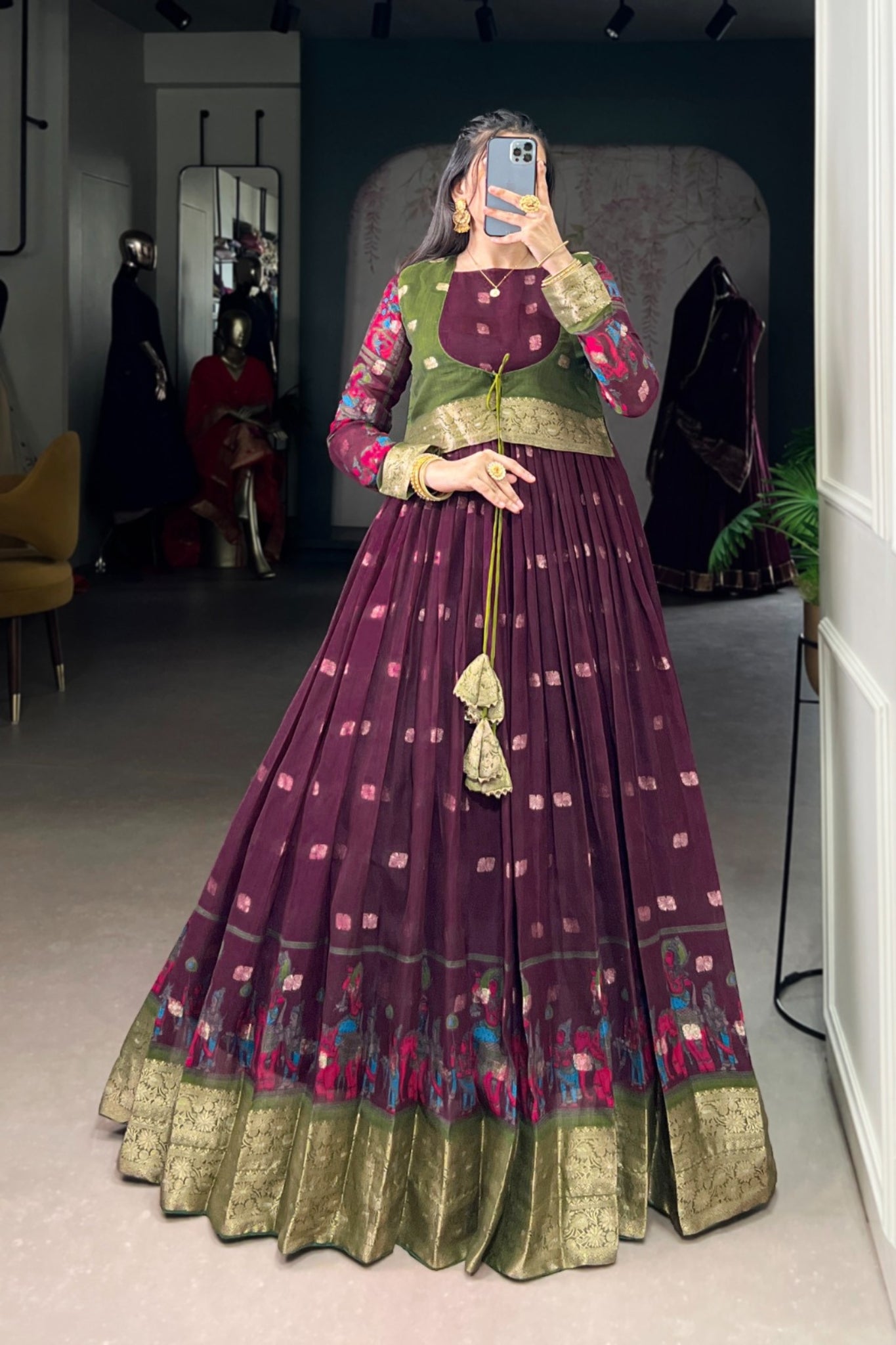 Kalamkari Printed Poly Cotton Zari Weaving Work Designer Gown