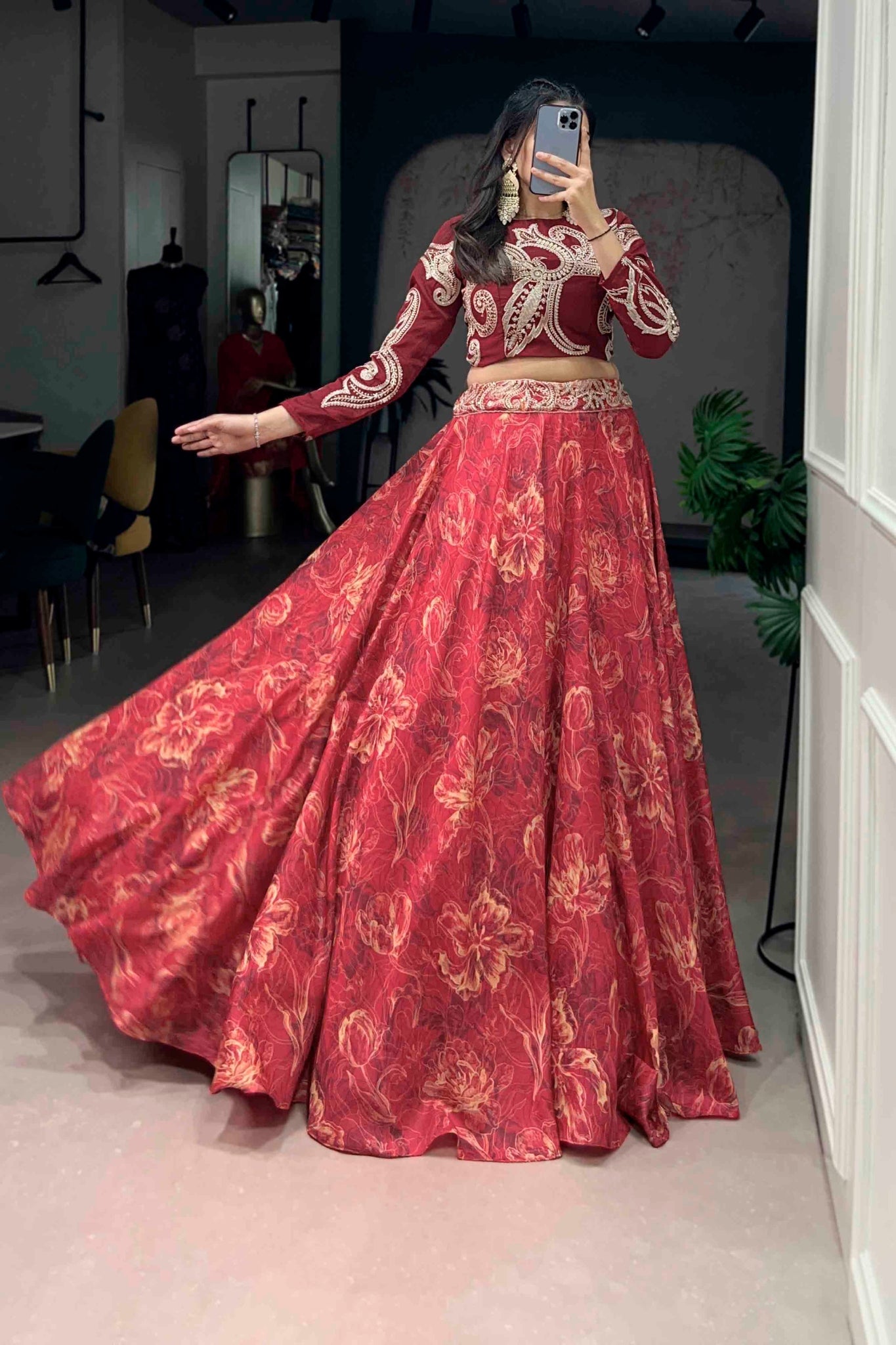 Floral Printed Tasar Silk Lehenga Choli