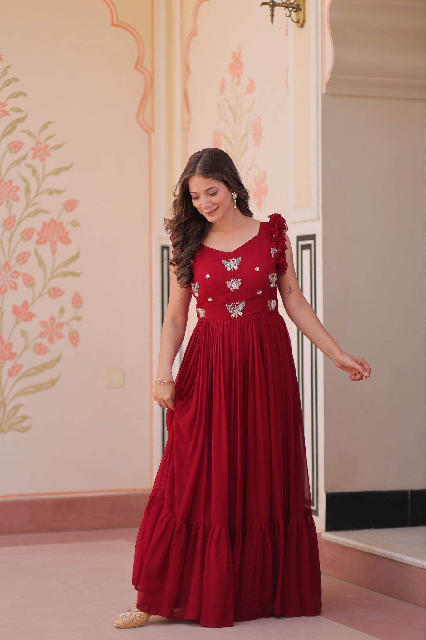 Stunning Sequins Multi Tread Beads Embroidered Work Women Gown