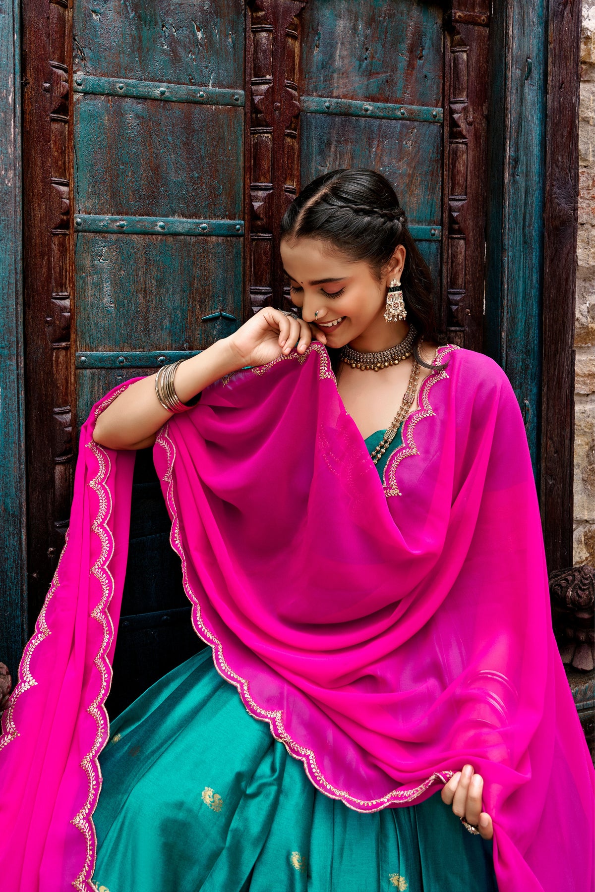 Buy South Indian Cotton Silk Lehenga Choli With Zari Woven Border