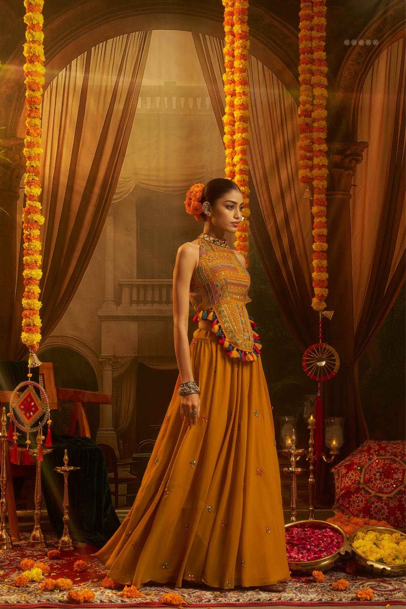 Raasrang Mustard Yellow Georgette Designer Lehenga Choli With Mirror Work Halter Blouse